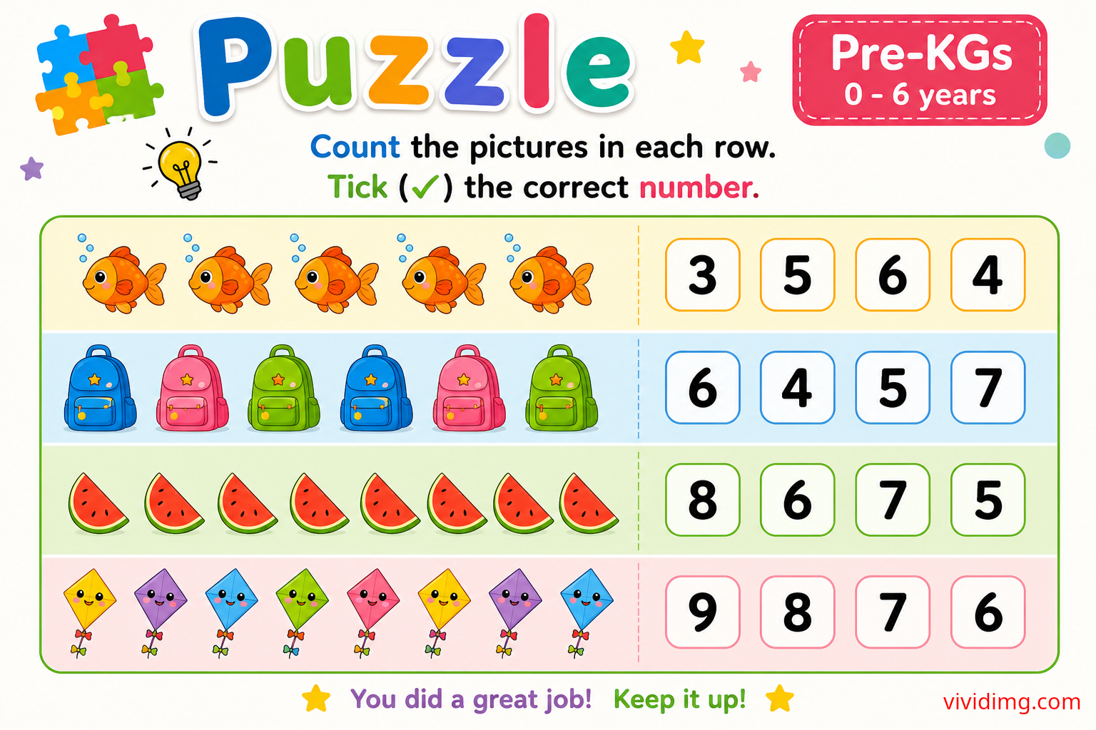 Pre-KGs tick the correct number puzzle worksheet | preschool counting activity for kids (0–6 years)