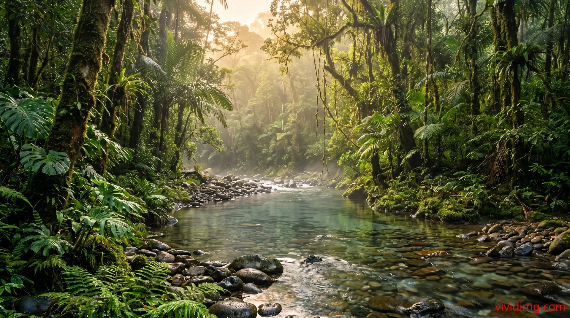 Lush rainforest river glowing beneath soft morning sunlight in breathtaking 8K