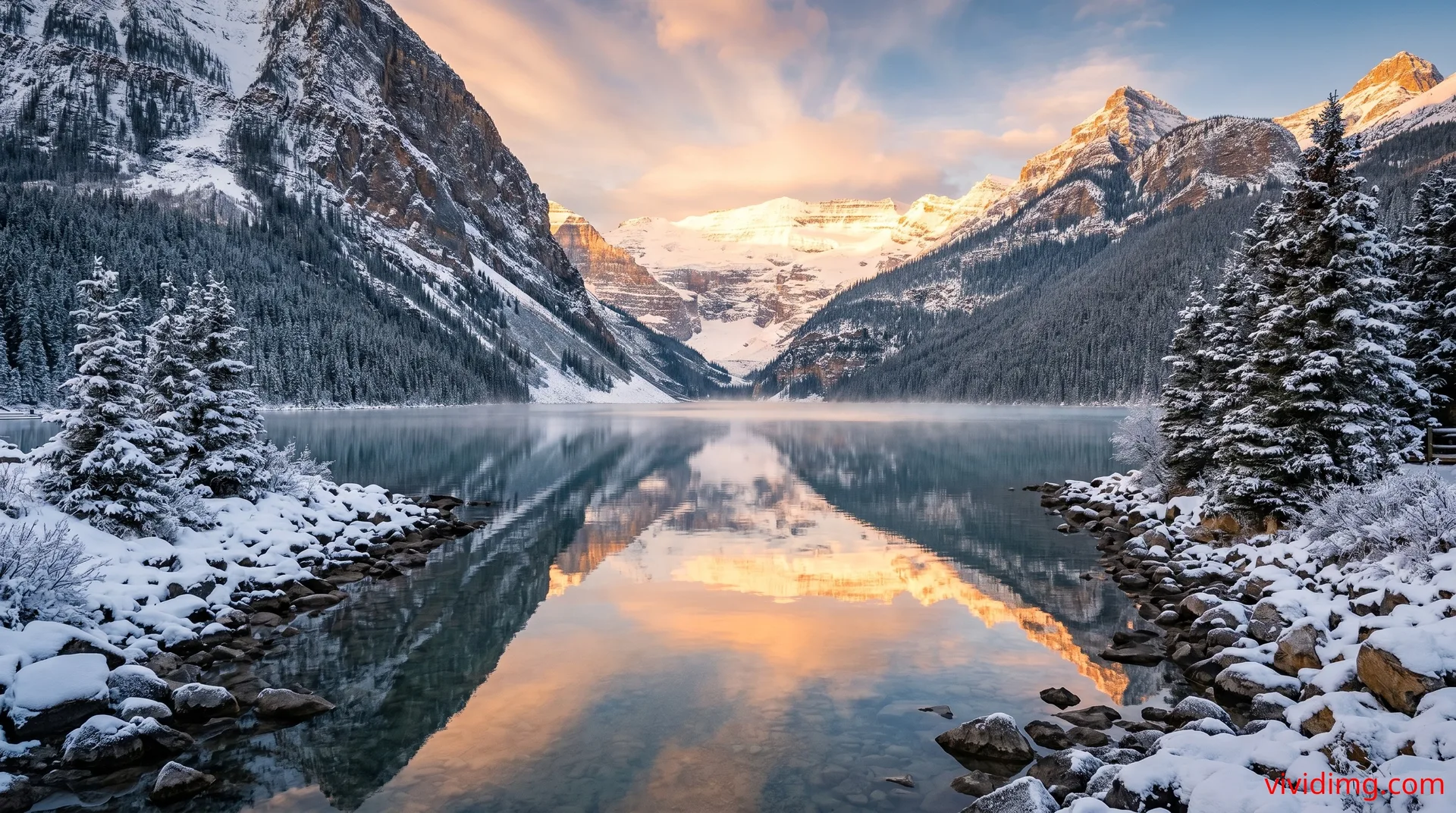 Tranquil alpine lake reflecting snowy mountains during magical sunrise in stunning 8K