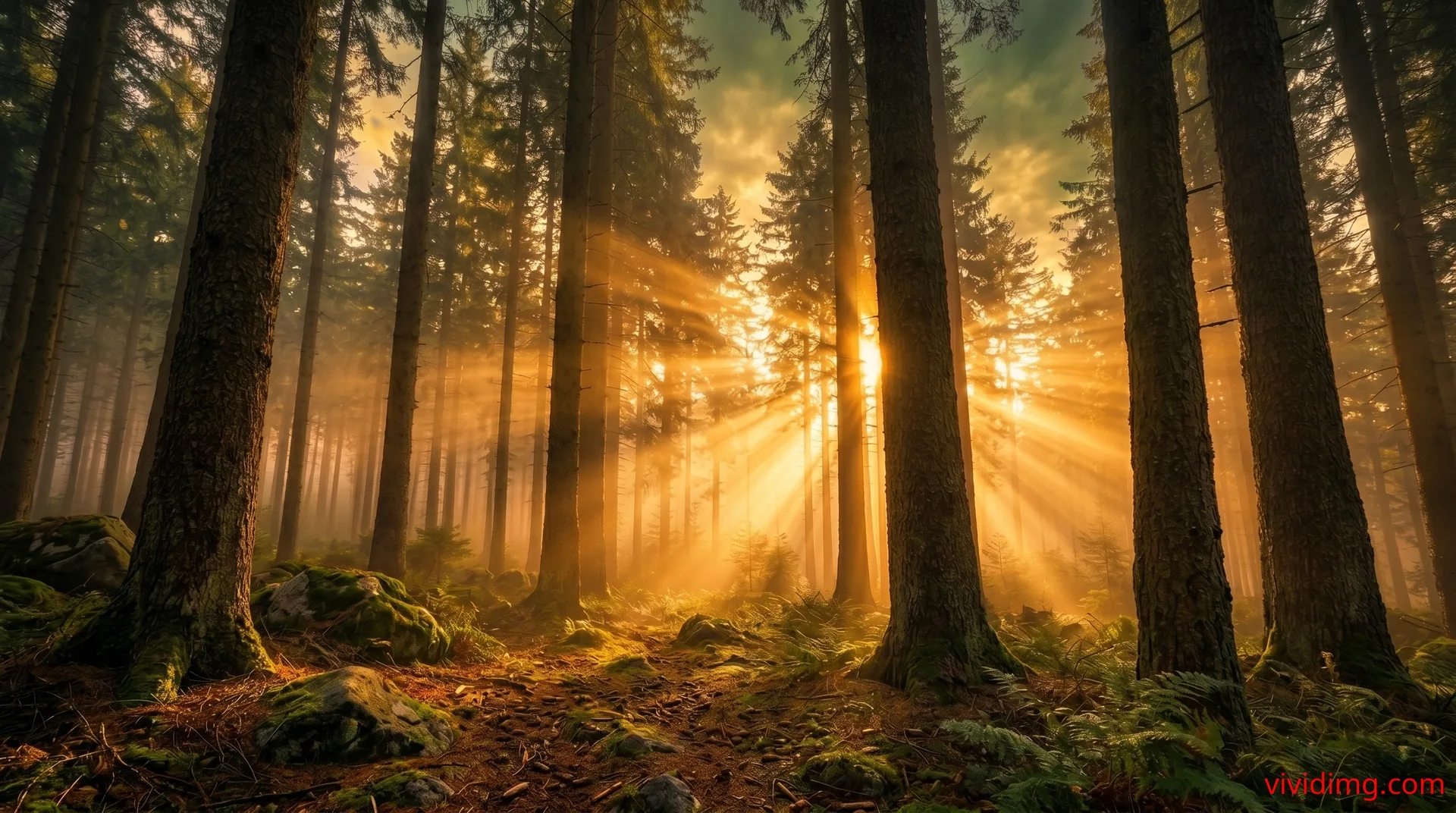 Misty pine forest glowing with golden sunset light in breathtaking 8K scenery