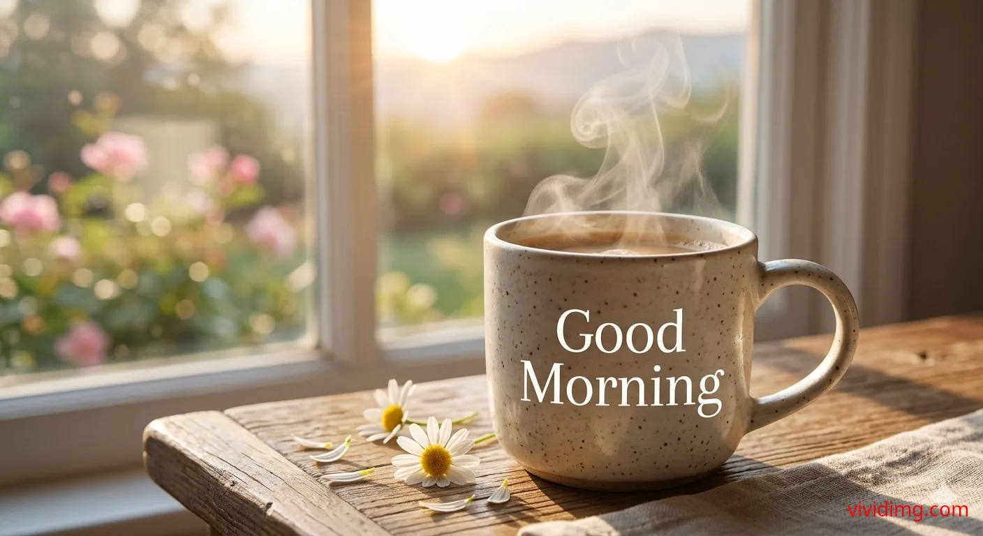 Steaming coffee mug by a sunny window with fresh daisies