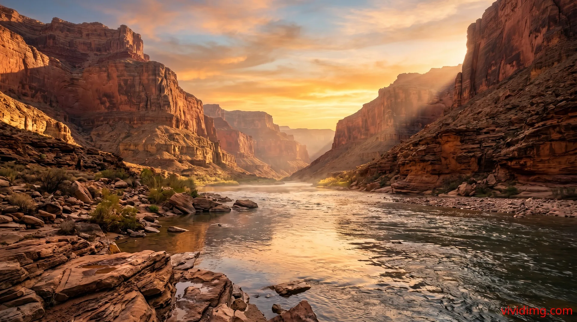 Scenic canyon river at sunrise with glowing sky and dramatic cliffs in 8K