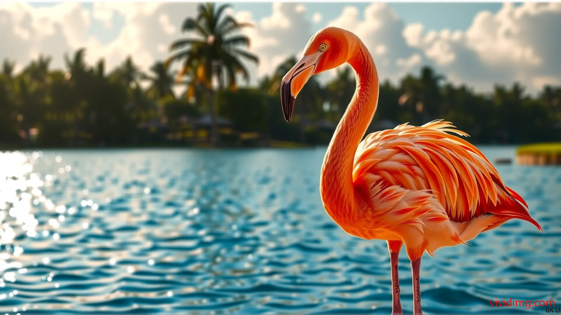 Warm flamingo in sun rays