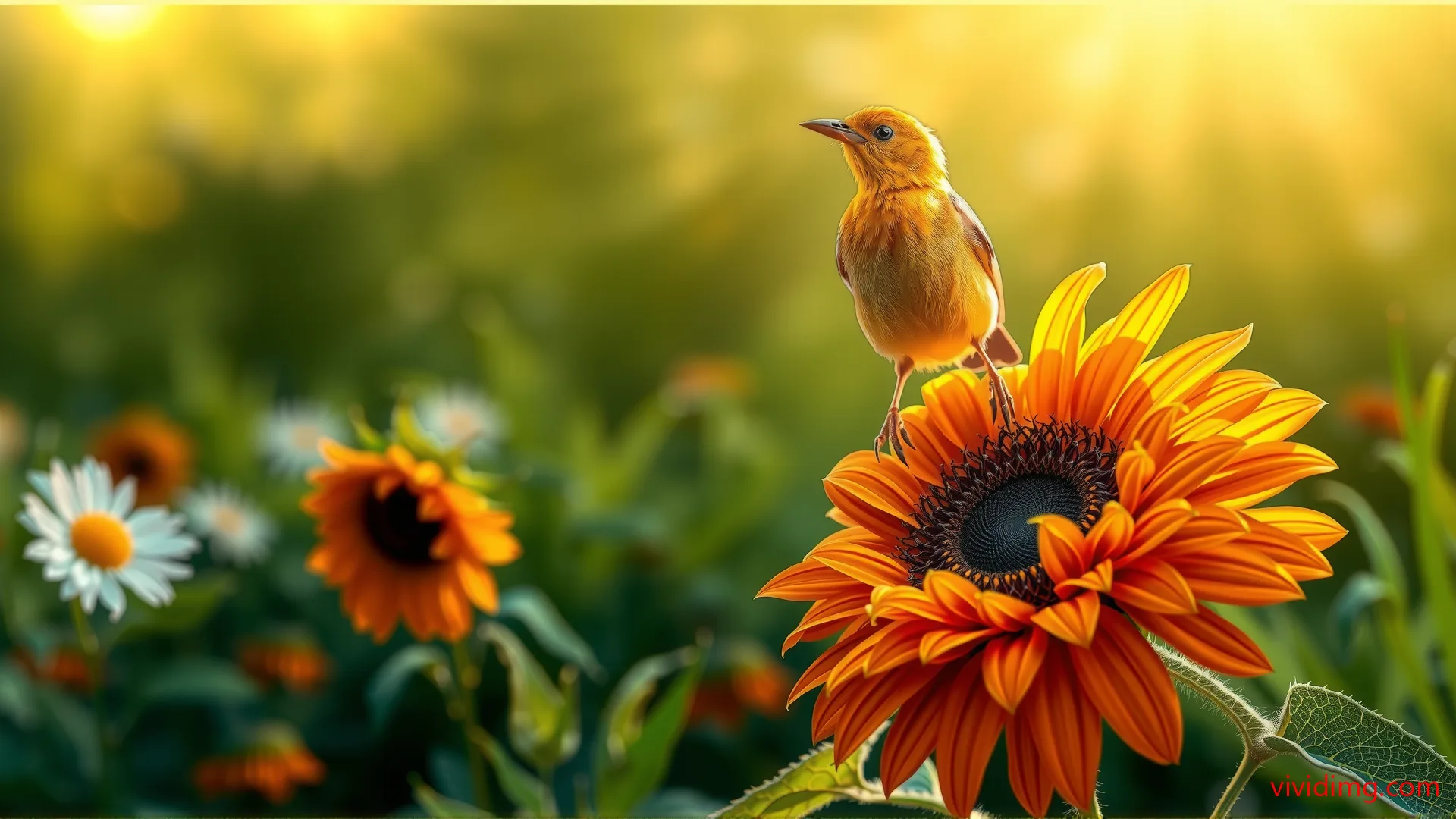 Sunbird with blooming sunflower