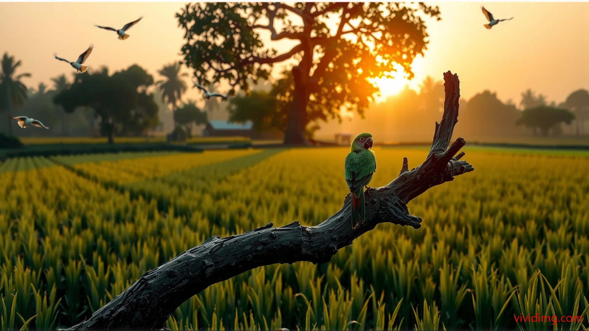 Flying-parrot-paddy-field-river