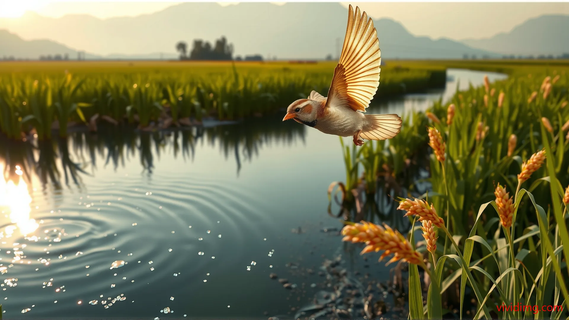 Flying-sparrow-in-paddy-field-river