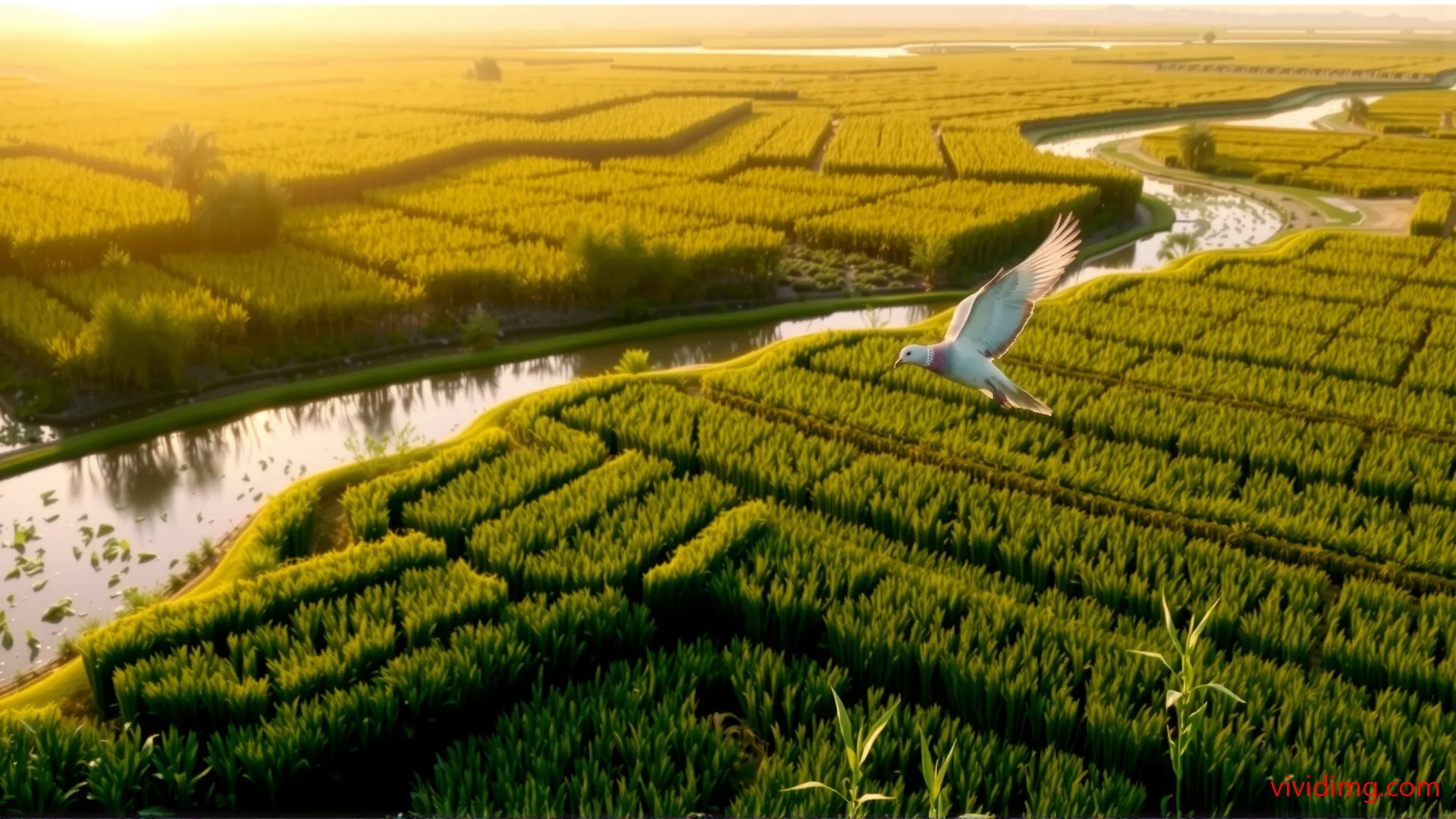 Flying pigeon over rice fields and river