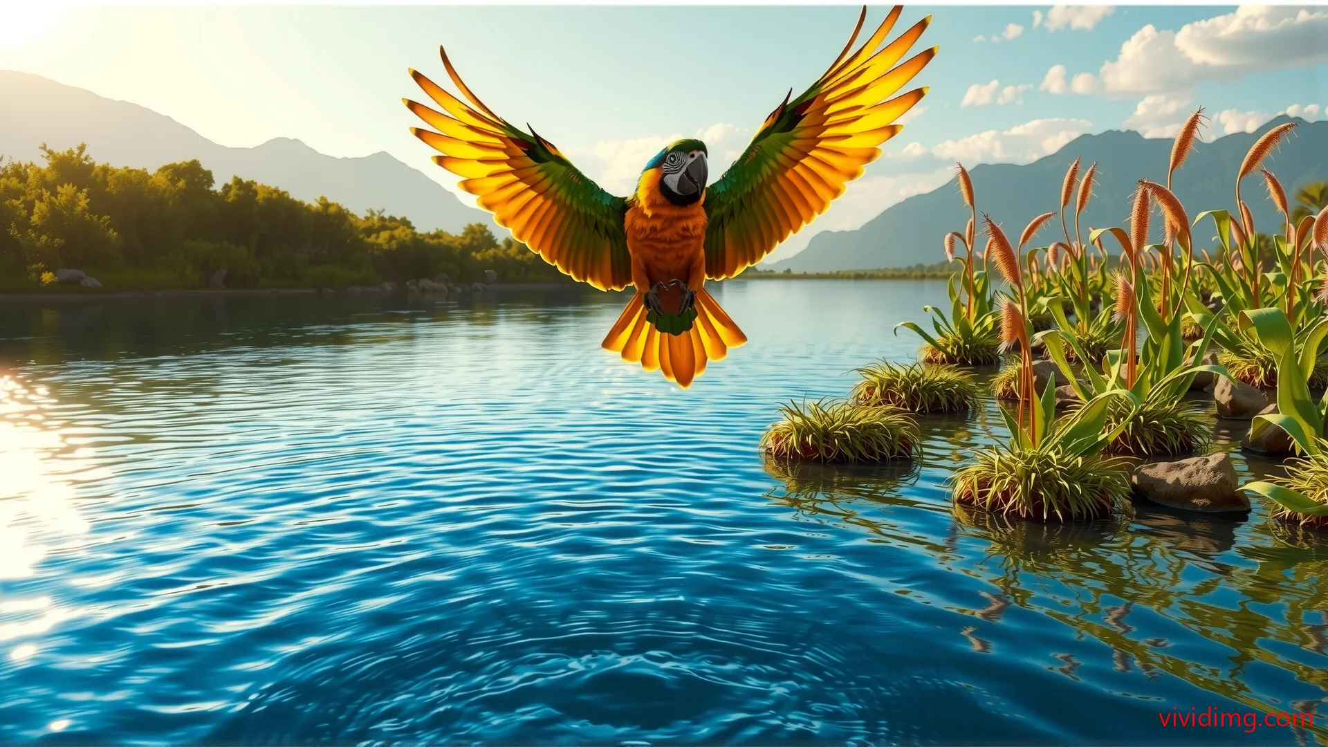 Flying around the blue river bank macaw