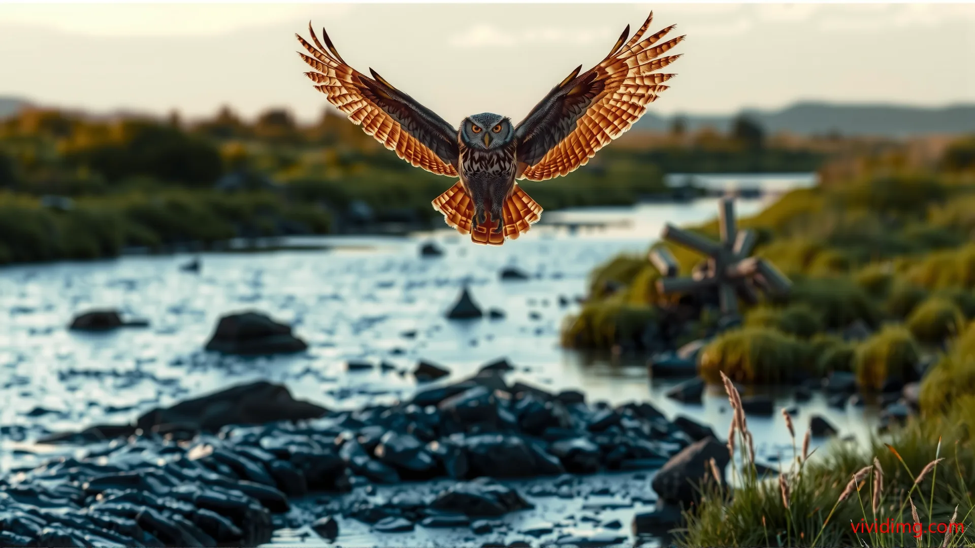 Owl soaring over serene riverbank