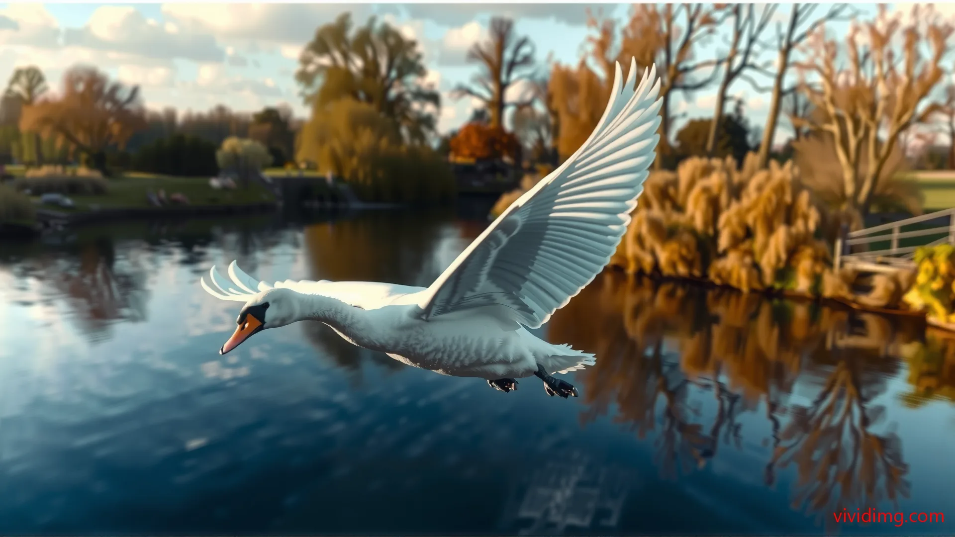 Swan flights over tranquil riverscape
