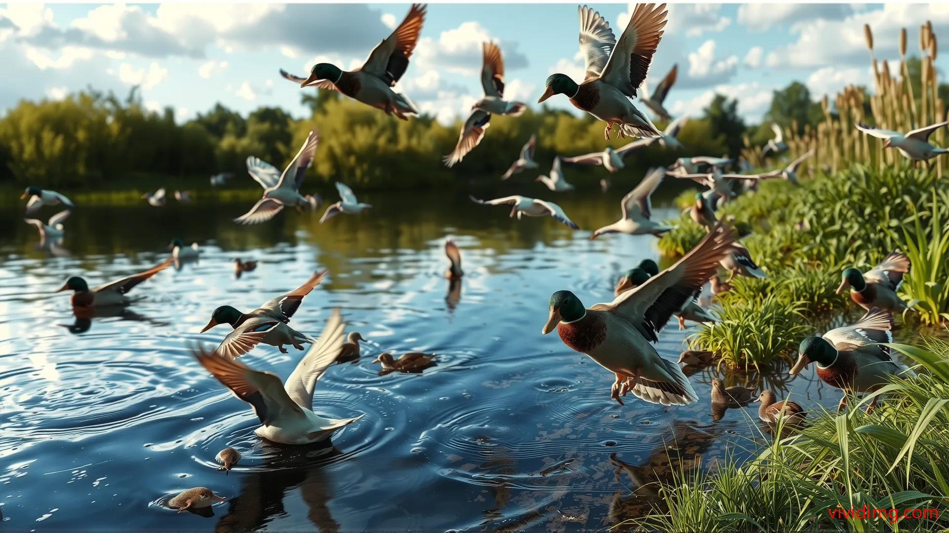 Flying ducks along a scenic river bank