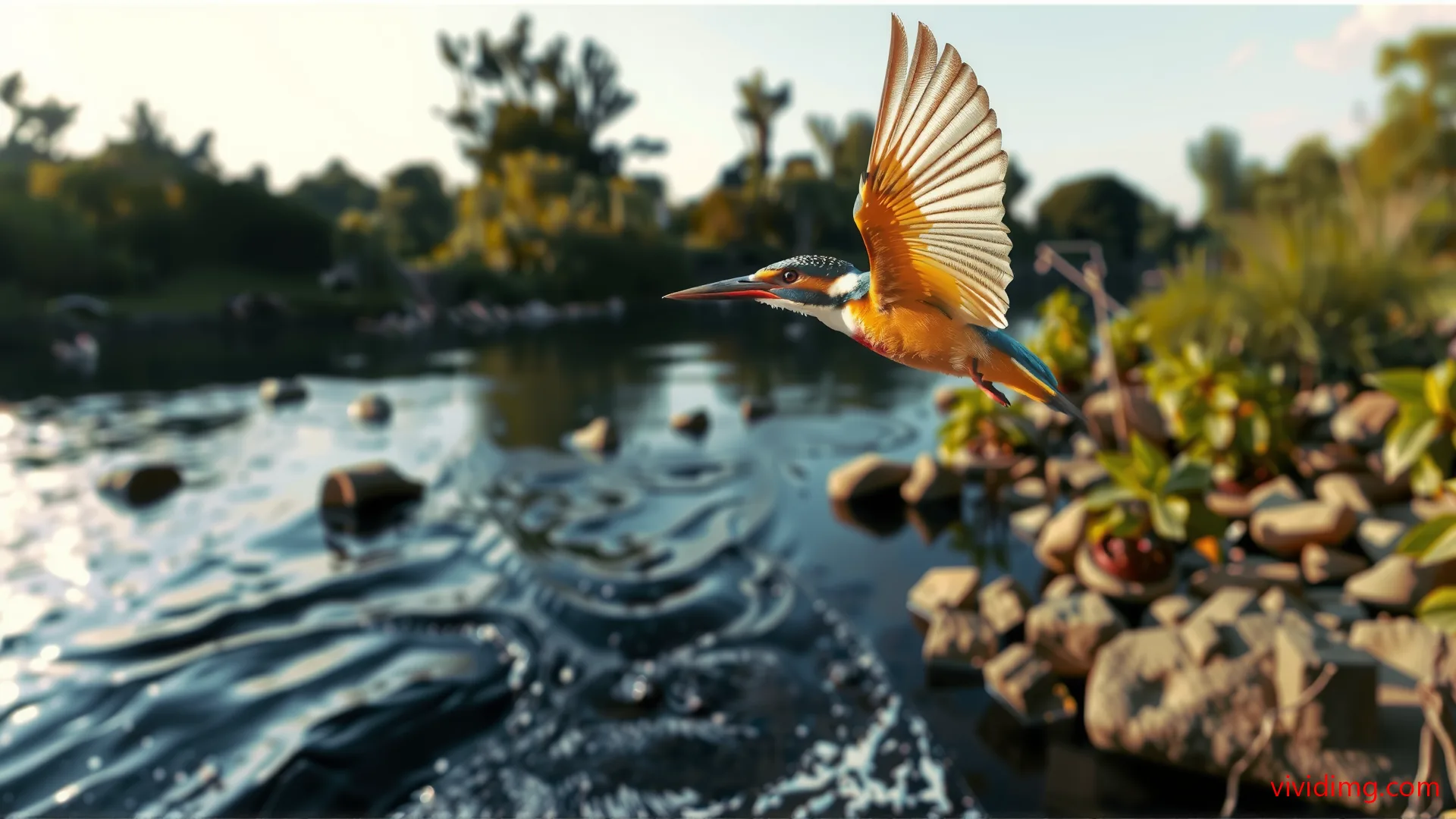 Fly kingfisher over serene riverbank