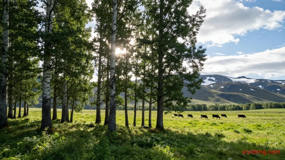 Beautiful sunrise through forest trees with grazing cows HD image