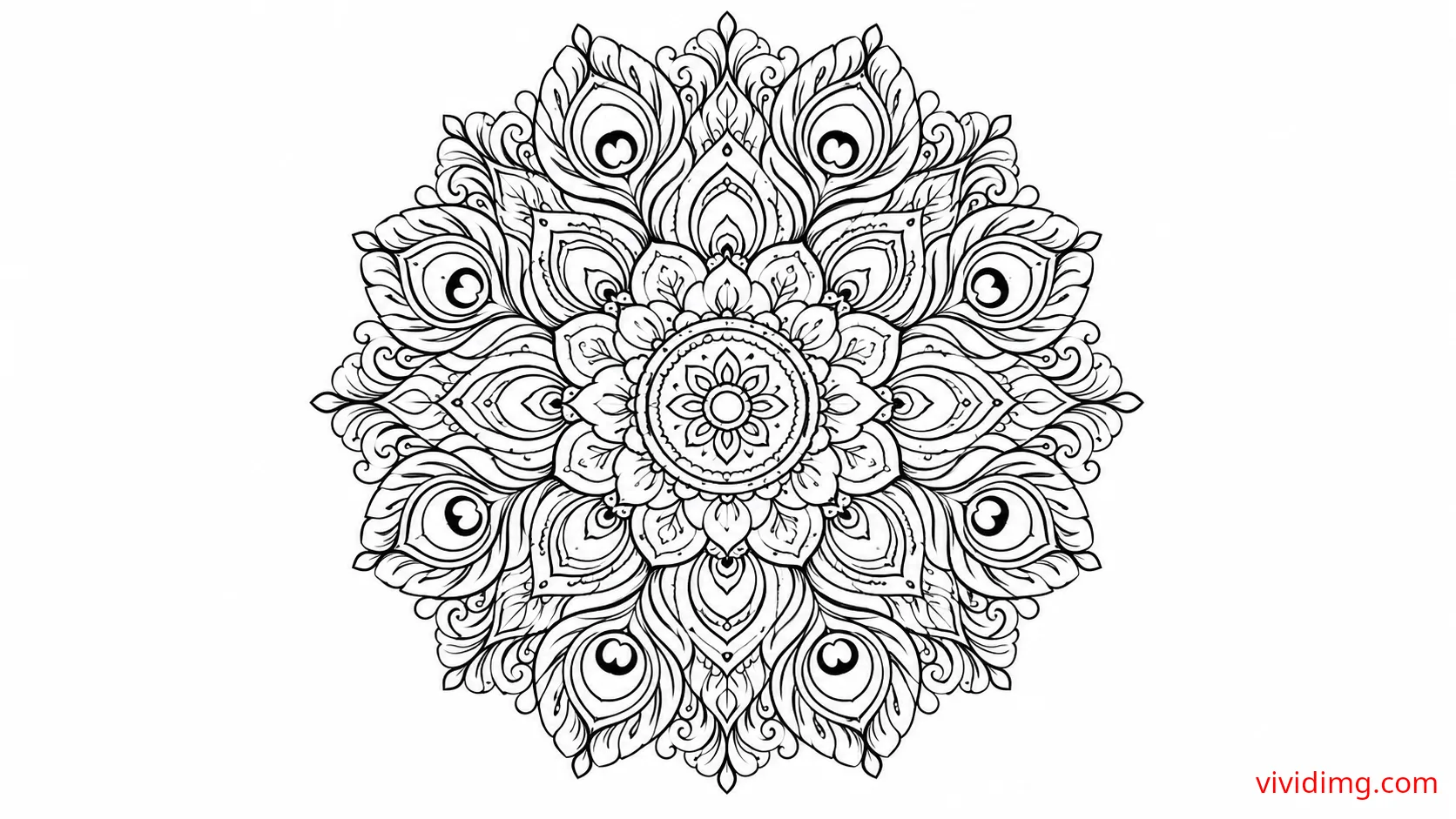 Elegant peacock feather mandala for creative coloring - Mandala Art