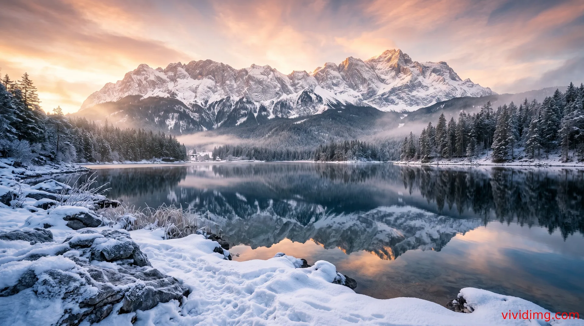 Snow-covered mountains reflecting on crystal lake during glowing sunrise in 8K