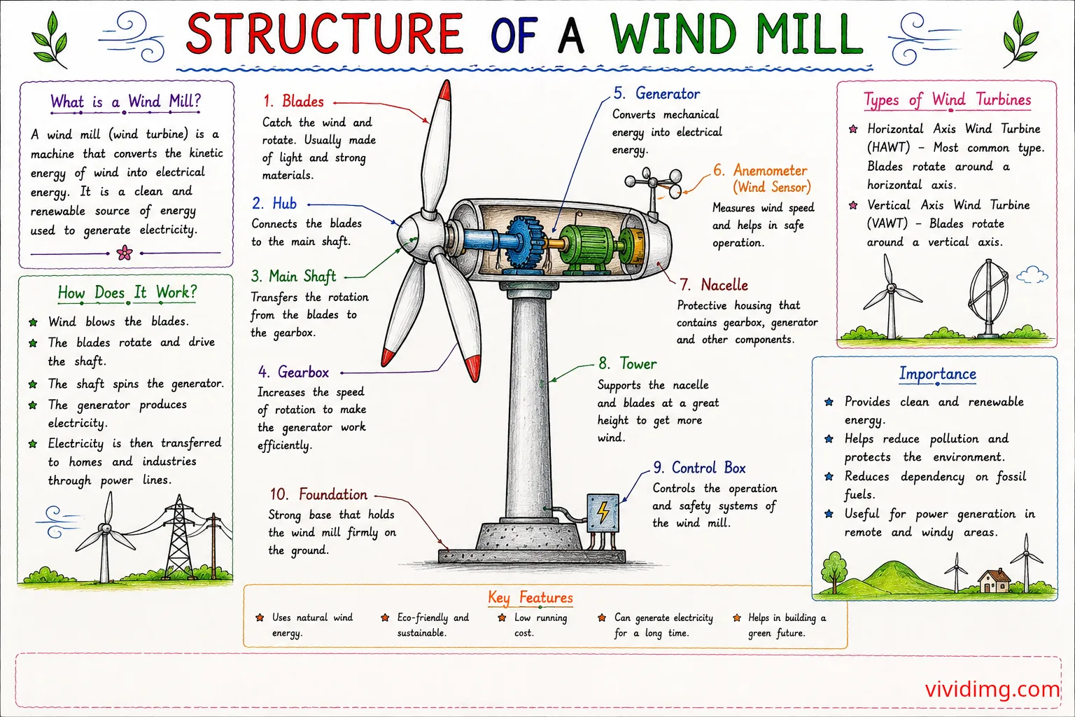 Structure of a Wind Mill – parts, working principle and renewable energy explained