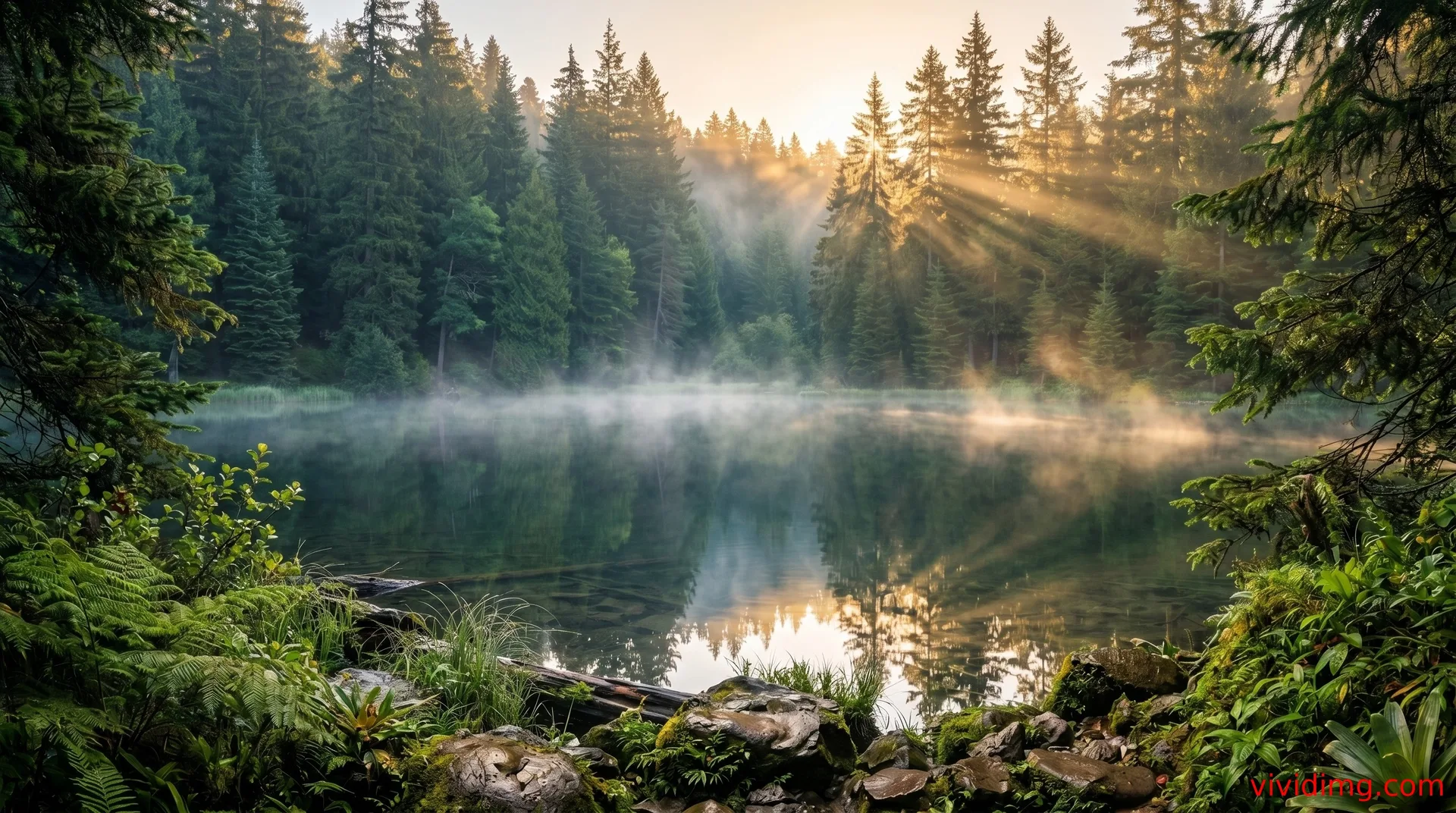 Peaceful forest lake with glowing morning mist and sun rays in stunning 8K wallpaper