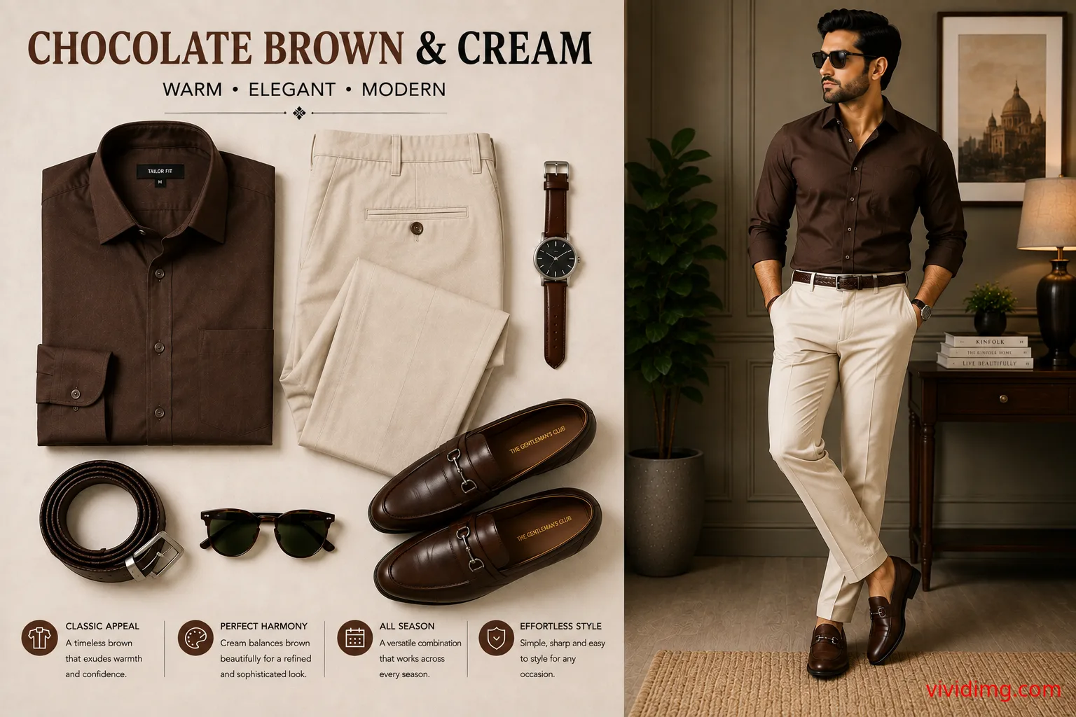 Chocolate Brown Shirt with Cream Pants – Elegant Men's Outfit Combination