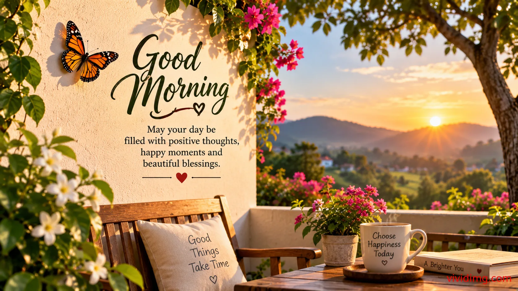 Butterfly good morning wishes with beautiful sunrise and positive blessings