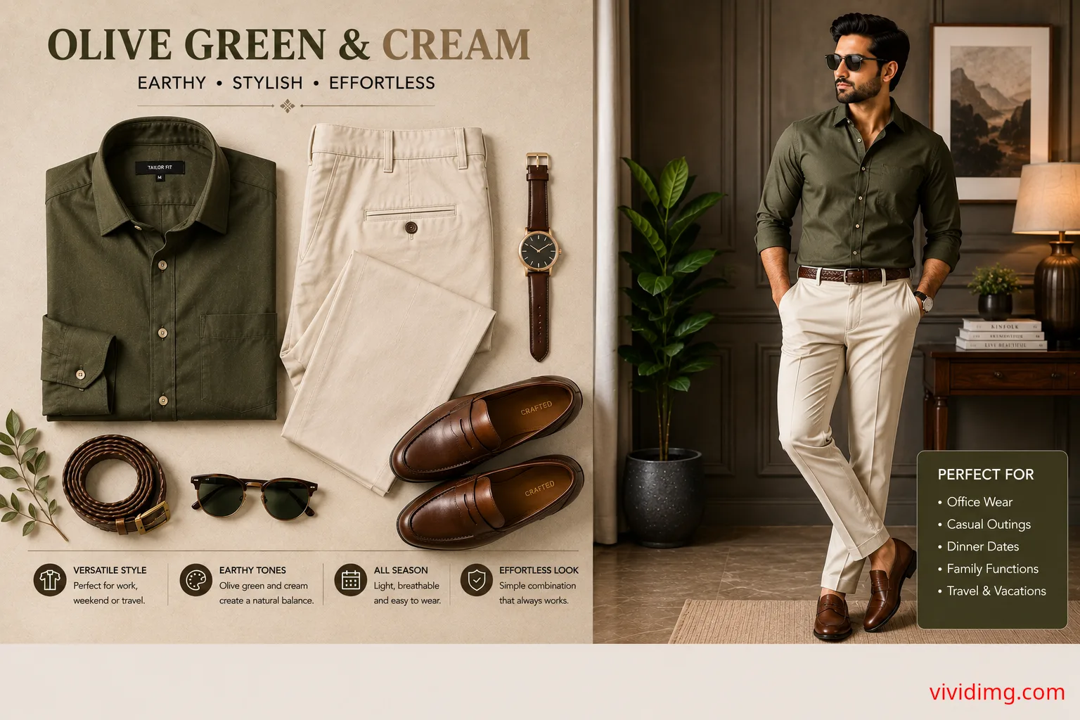 Olive Green Shirt with Cream Pants – Stylish Men's Smart Casual Outfit