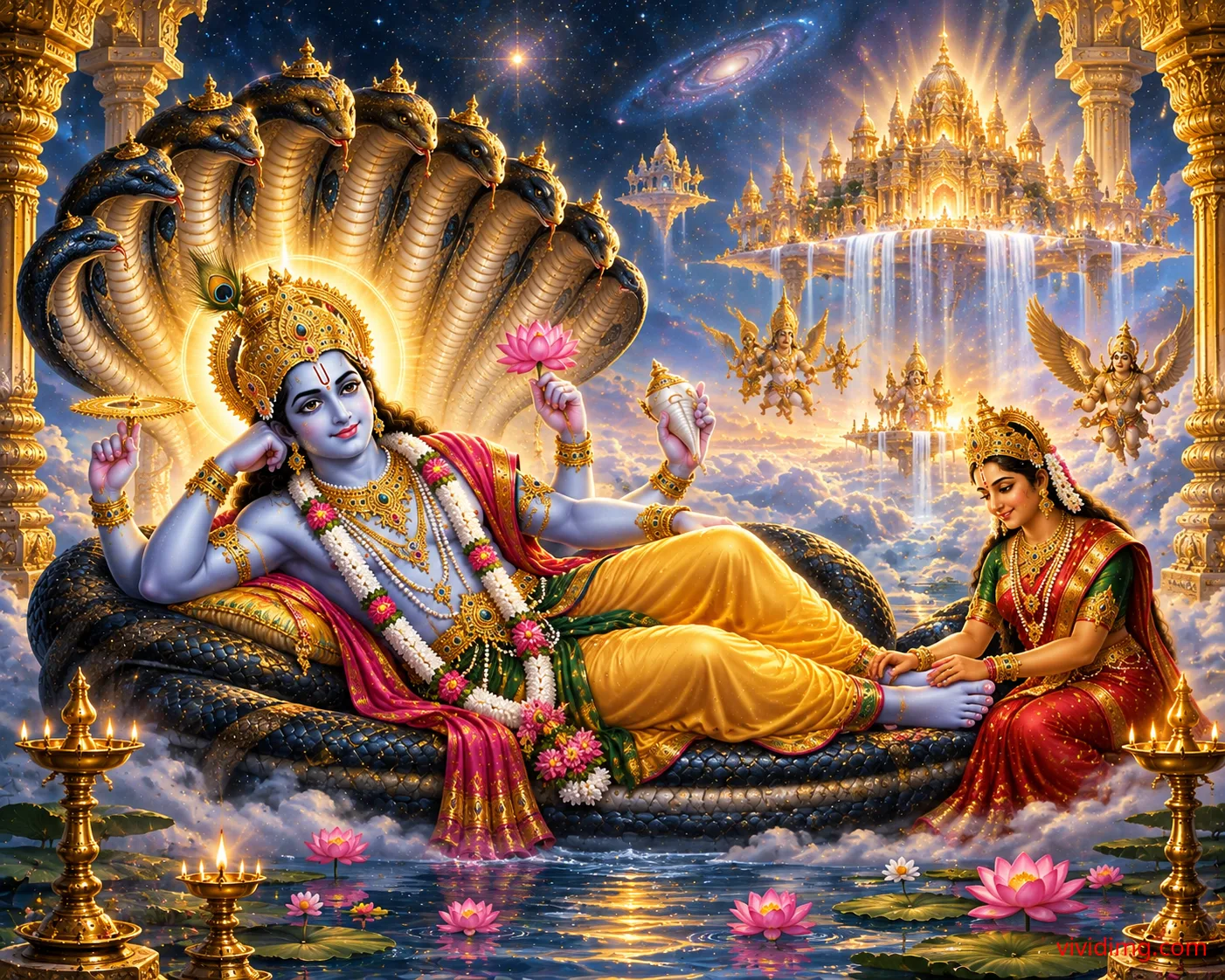 Lord Narayana resting on Adishesha with Goddess Lakshmi