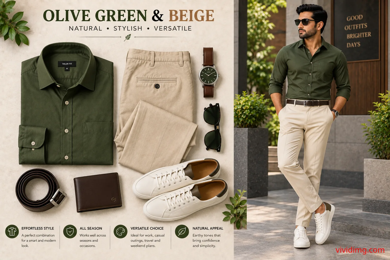 Olive Green Shirt with Beige Pants – Stylish Men's Smart Casual Outfit