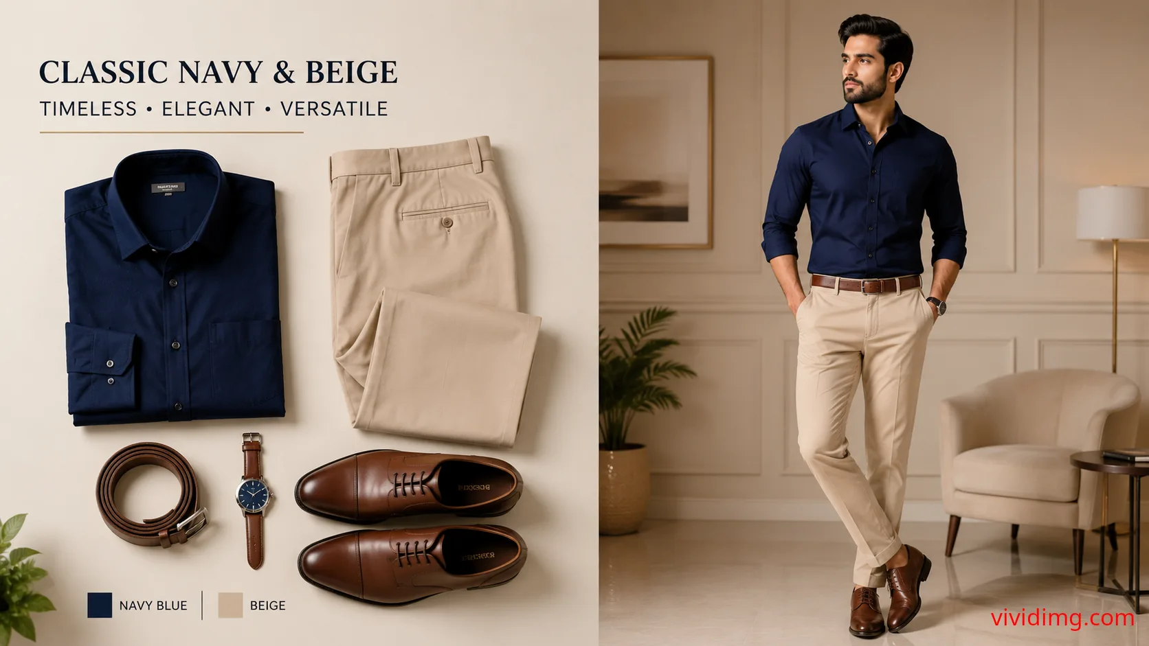 Navy Blue Shirt with Beige Pants – Classic Men's Outfit Combination