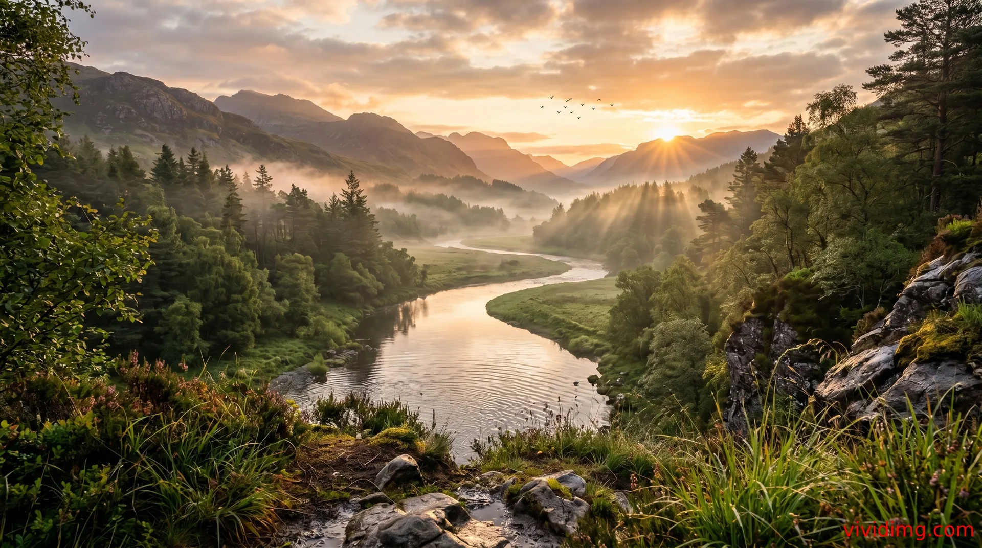 Peaceful sunrise over a flowing river surrounded by breathtaking natural beauty in 8K