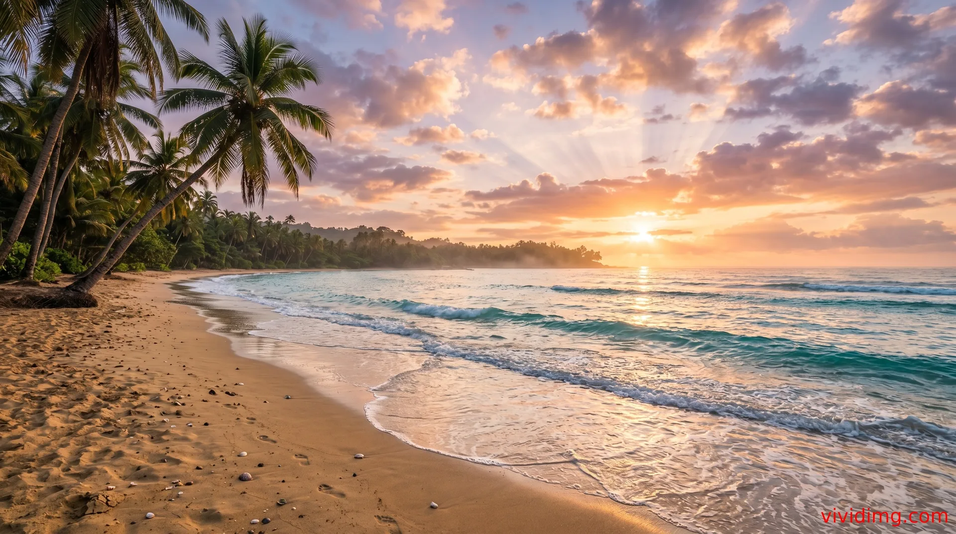 Sunrise beach view with palm trees and gentle ocean waves in stunning 8K wallpaper