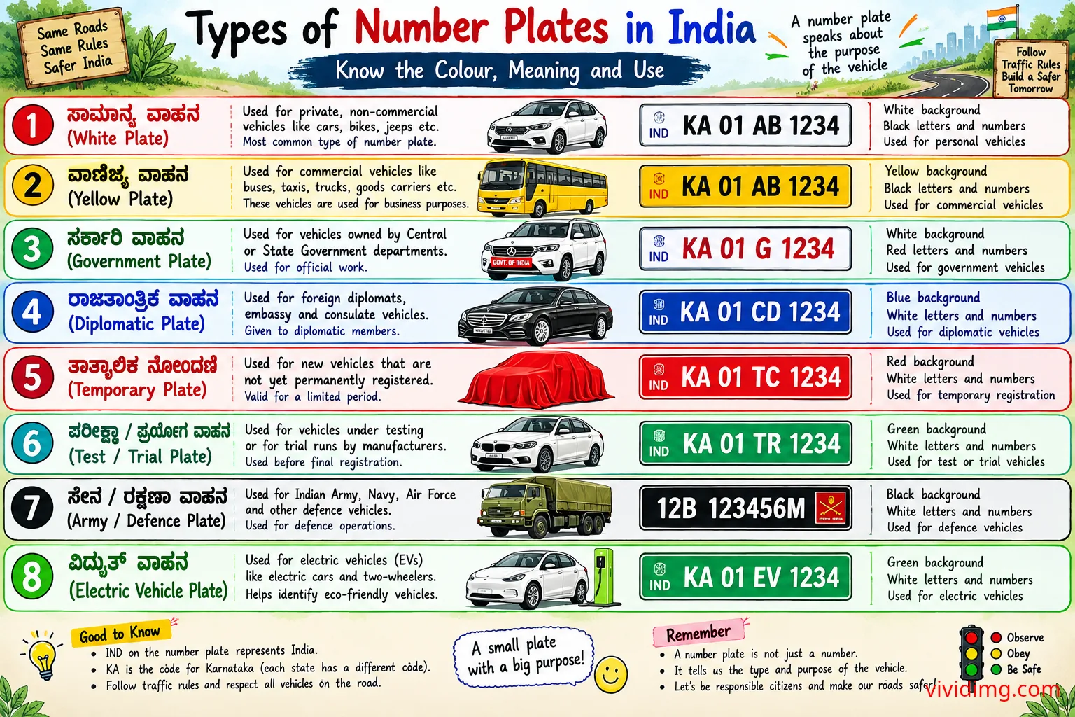 Types of number plates in India – colour codes, meanings and vehicle categories explained