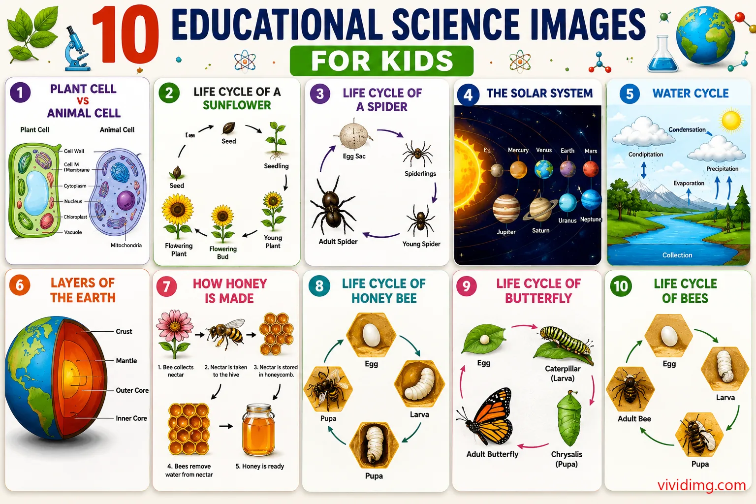 10 educational science images for kids – cells, life cycles, Earth and space