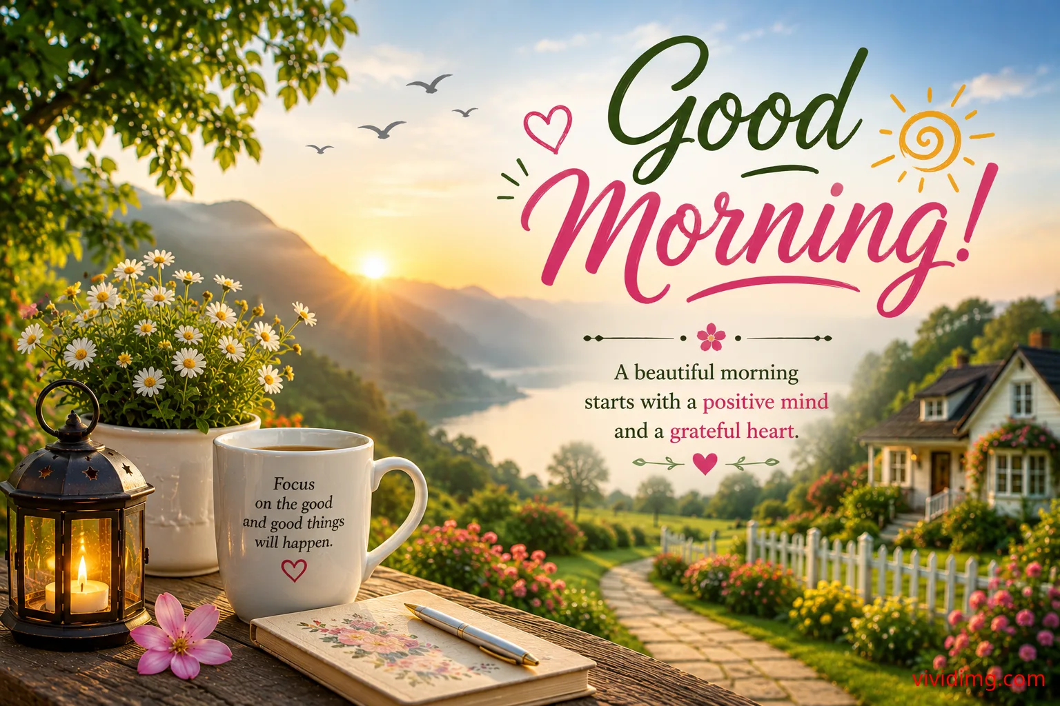 Beautiful good morning wishes with positive thoughts and a grateful heart