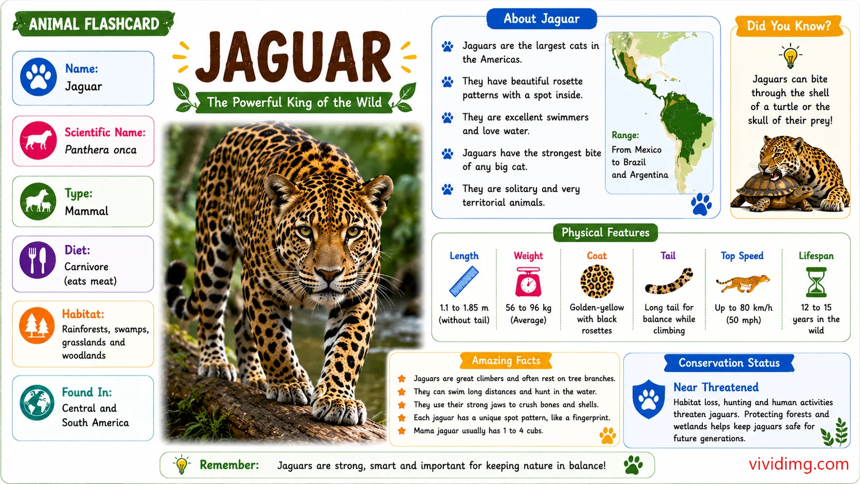 Jaguar facts for kids - Animal flashcard