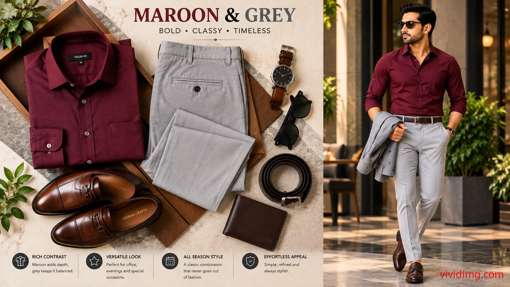 Maroon Shirt with Light Grey Pants – Classy Men's Formal and Smart Casual Outfit