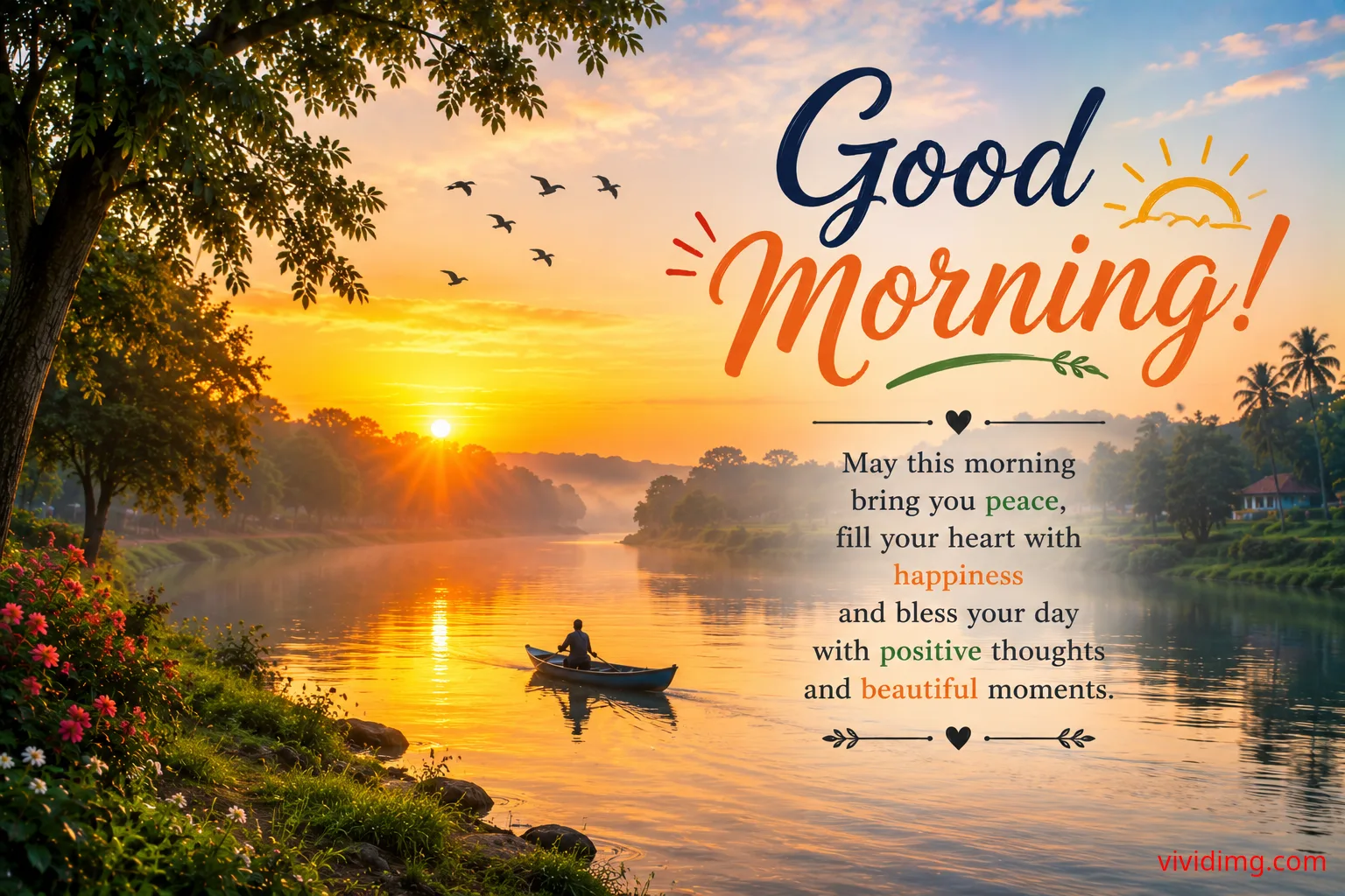 Peaceful river sunrise good morning wishes for a beautiful day