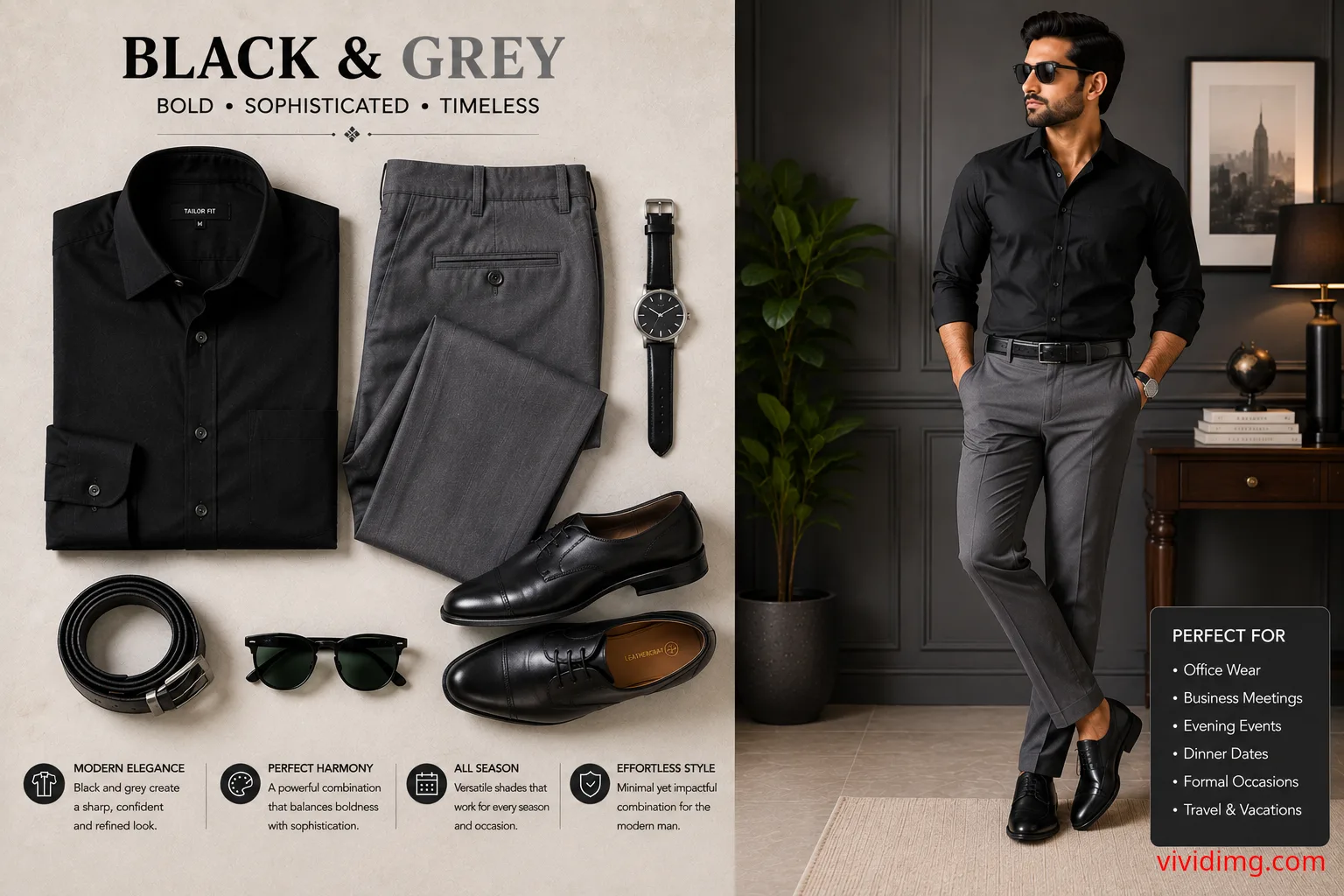 Black Shirt with Grey Pants – Sophisticated Men's Formal Outfit Combination