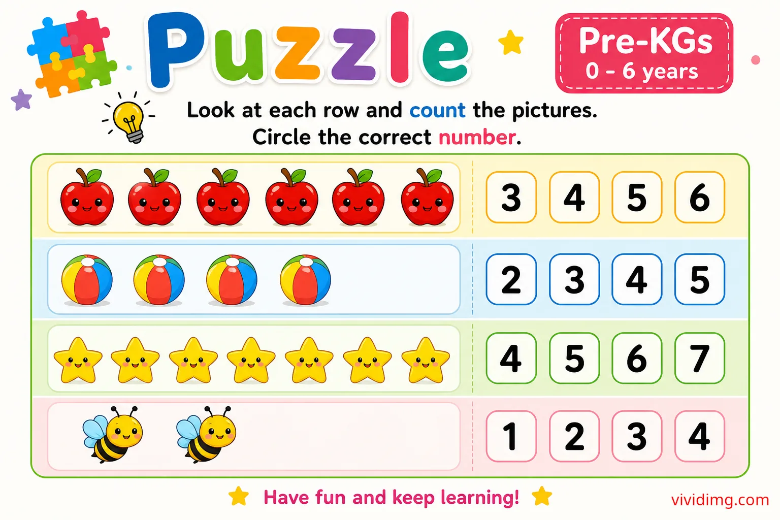 Pre-KGs counting and circle puzzle worksheet for kids | fun preschool math activity (0–6 years)