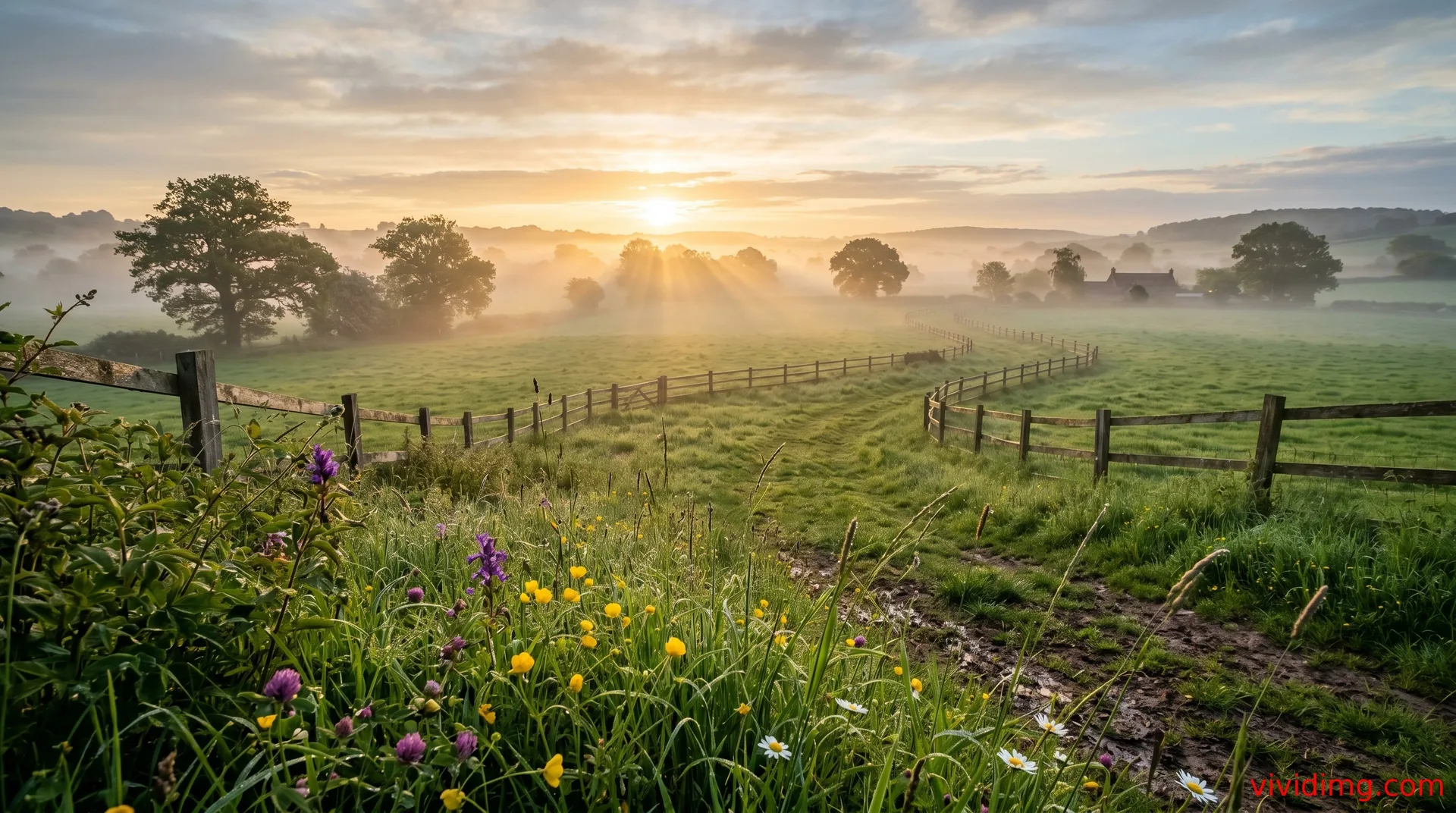 Golden morning mist over peaceful countryside meadow in stunning ultra HD scenery