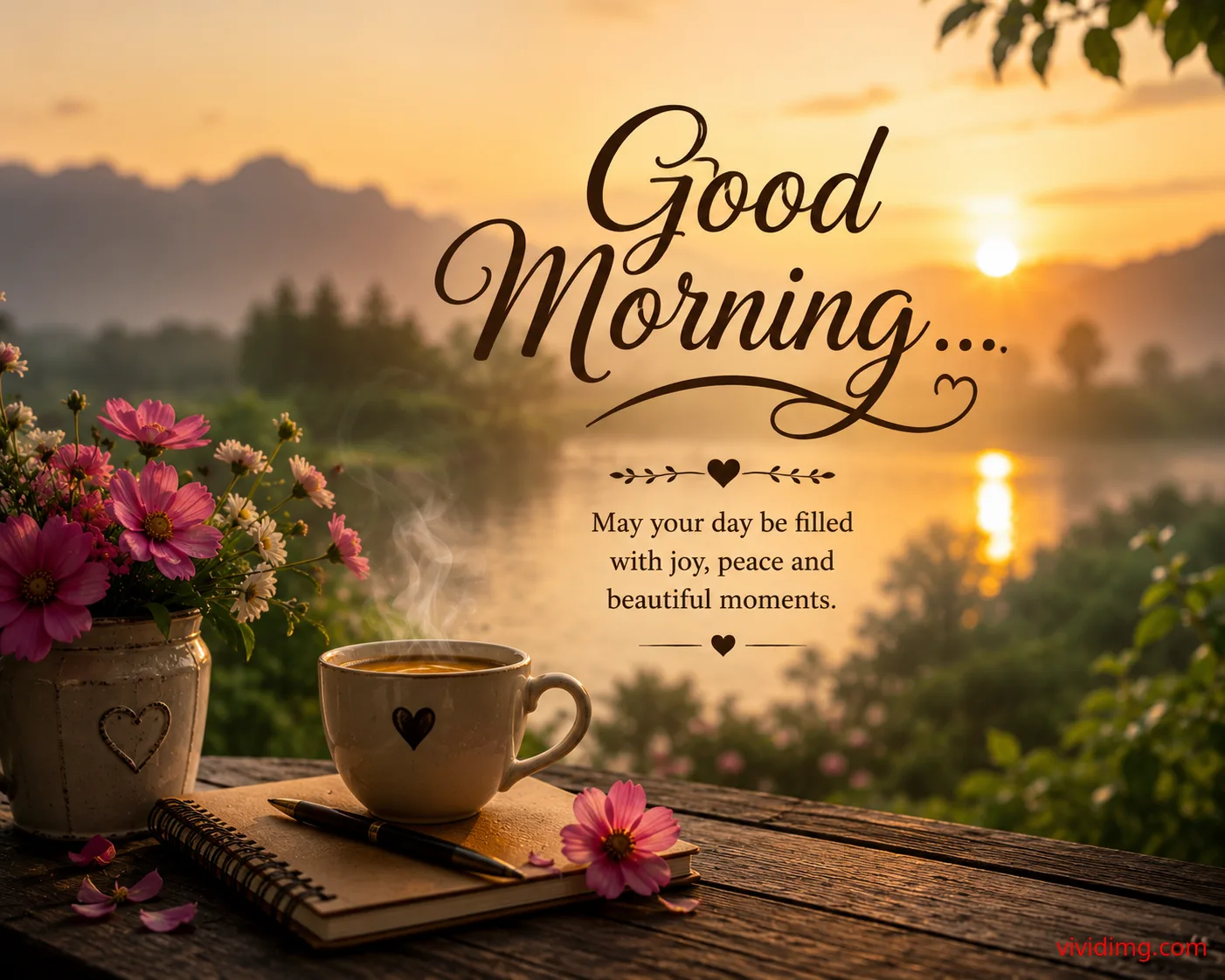 Beautiful Sunrise Good Morning Wishes with Flowers and Coffee