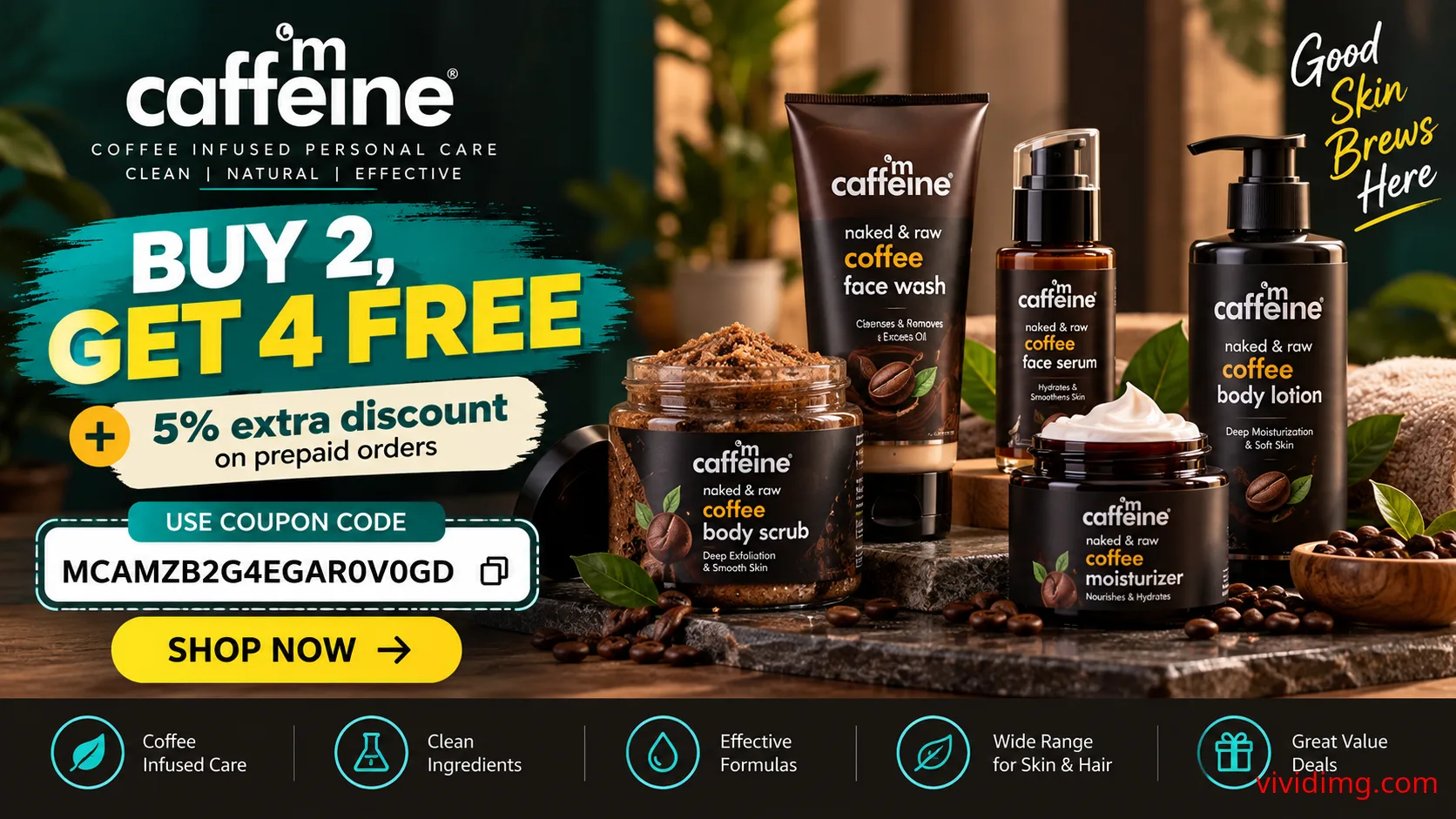 mCaffeine Buy 2 Get 4 Free offer with extra 5% prepaid discount