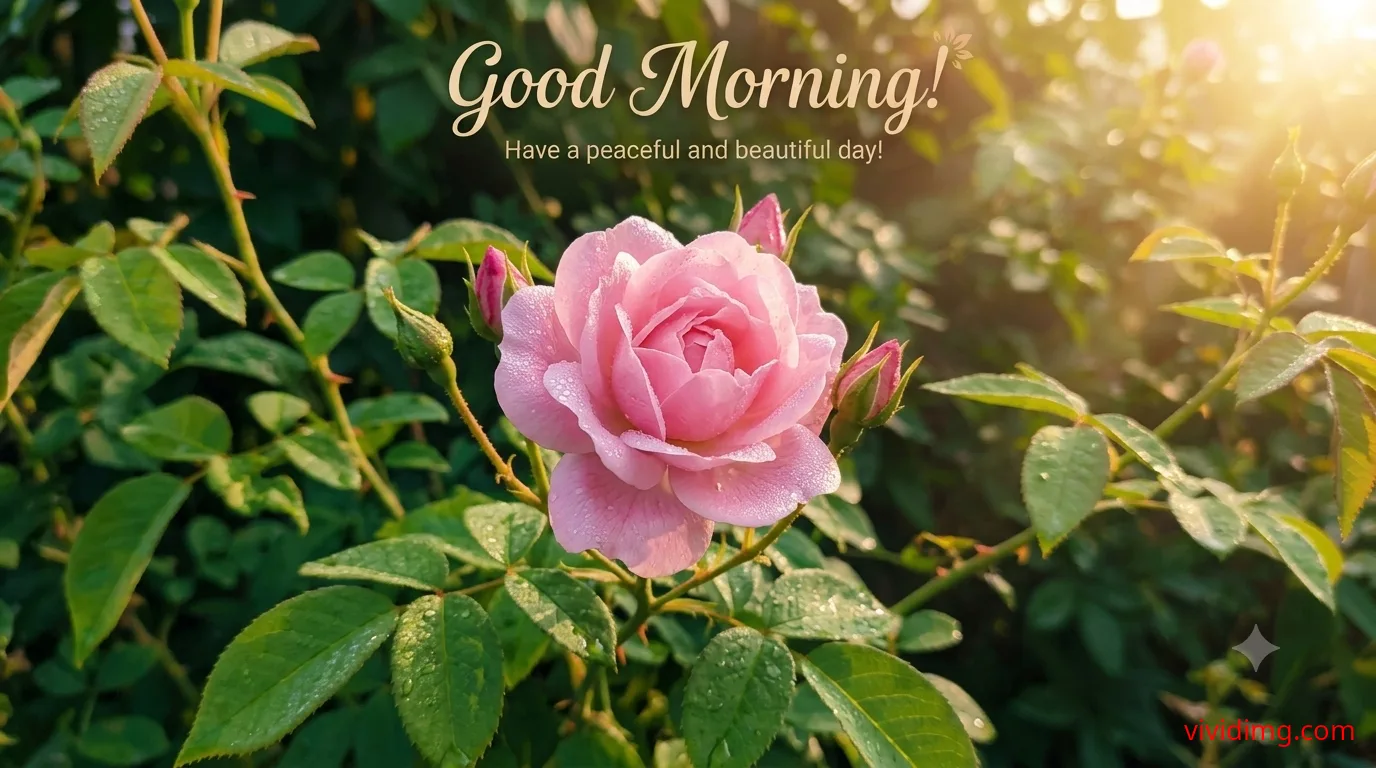 Good morning pink rose in morning dew