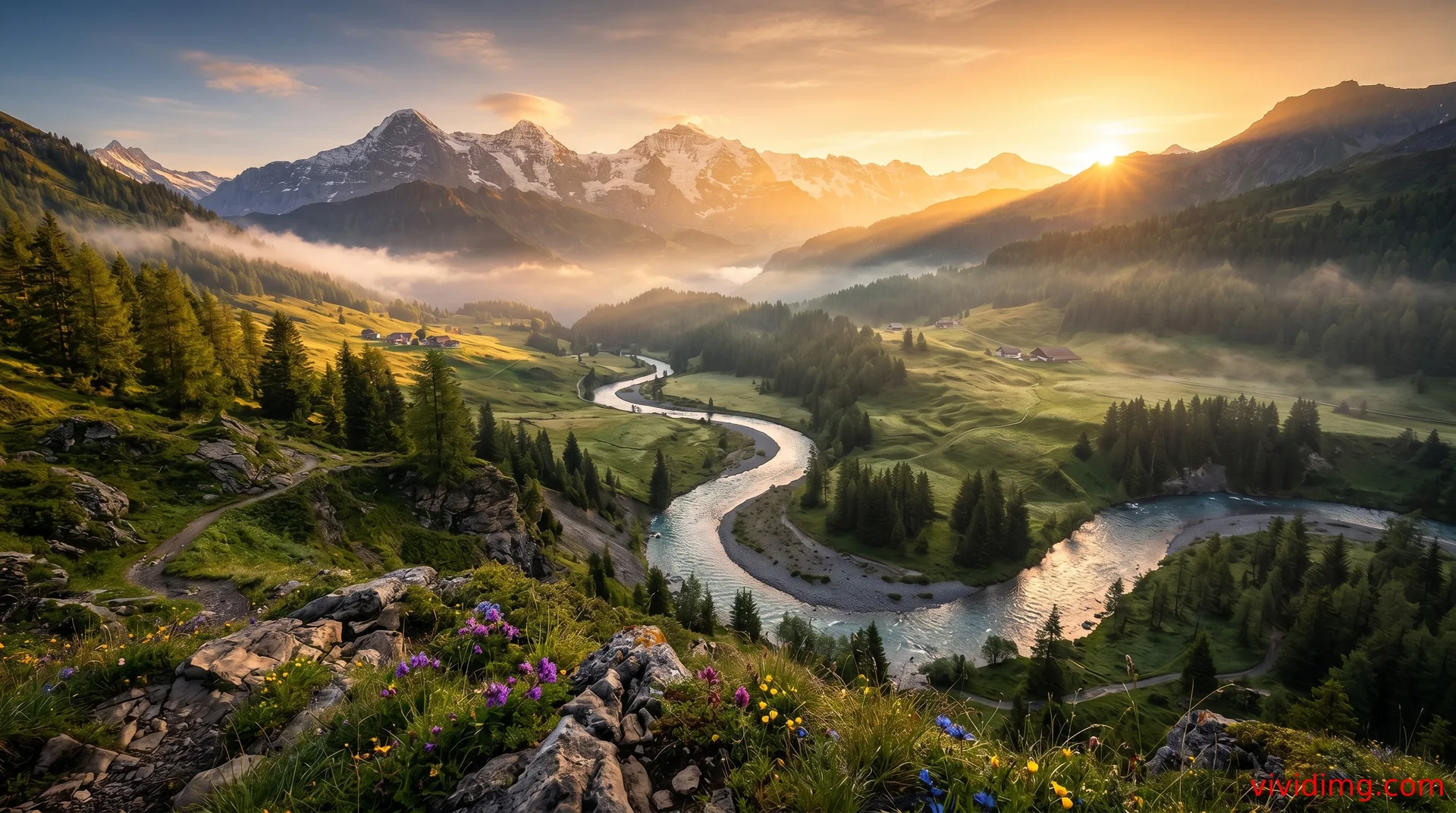 Golden sunrise mountain valley with flowing river in breathtaking 8K nature wallpaper