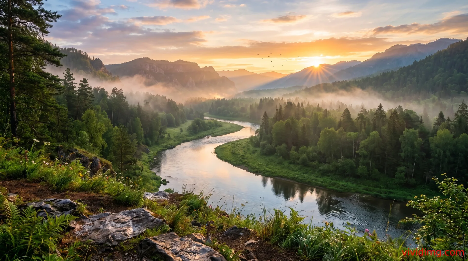 Beautiful morning sunrise river nature landscape wallpaper in stunning 8K HD quality