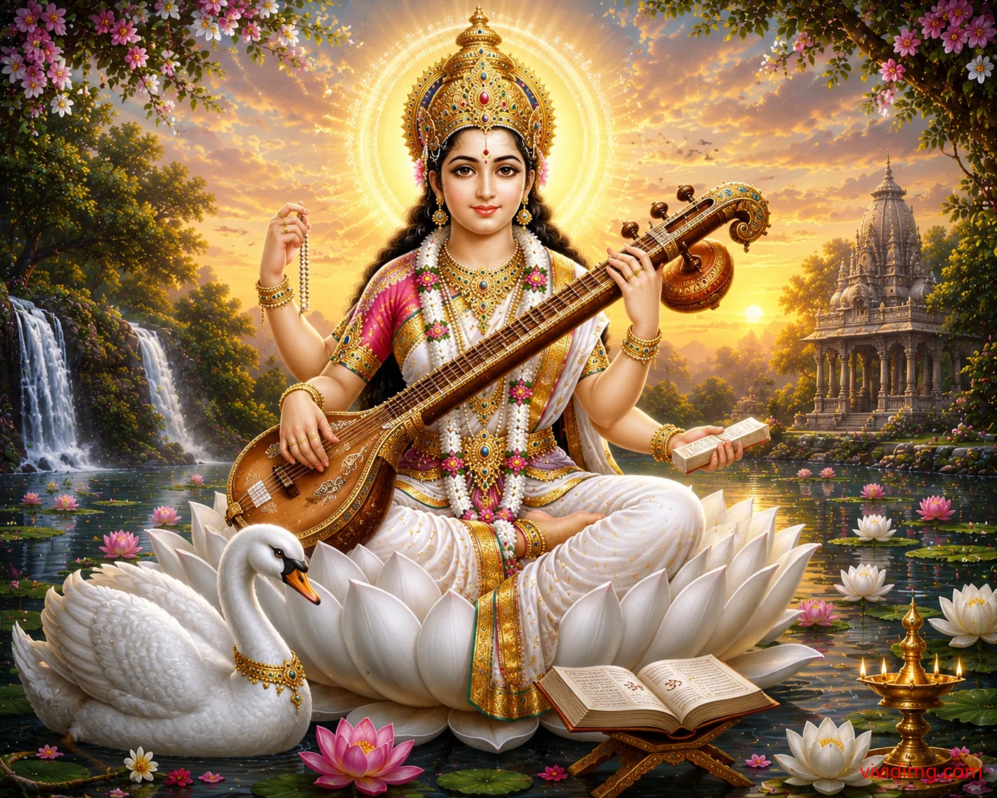 Goddess Saraswati with Veena on a divine white lotus