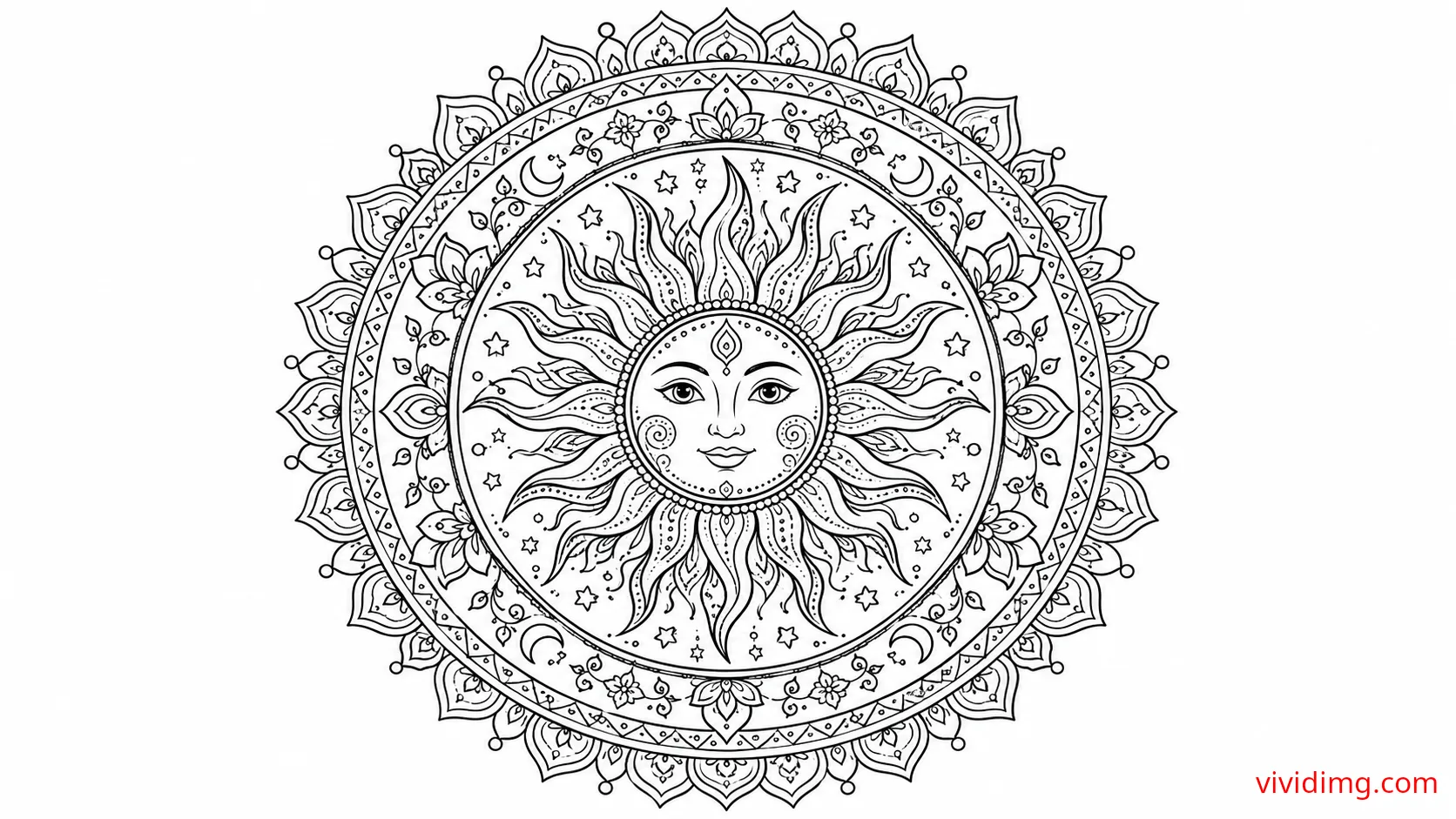 Celestial sun mandala for joyful coloring - Mandala Art