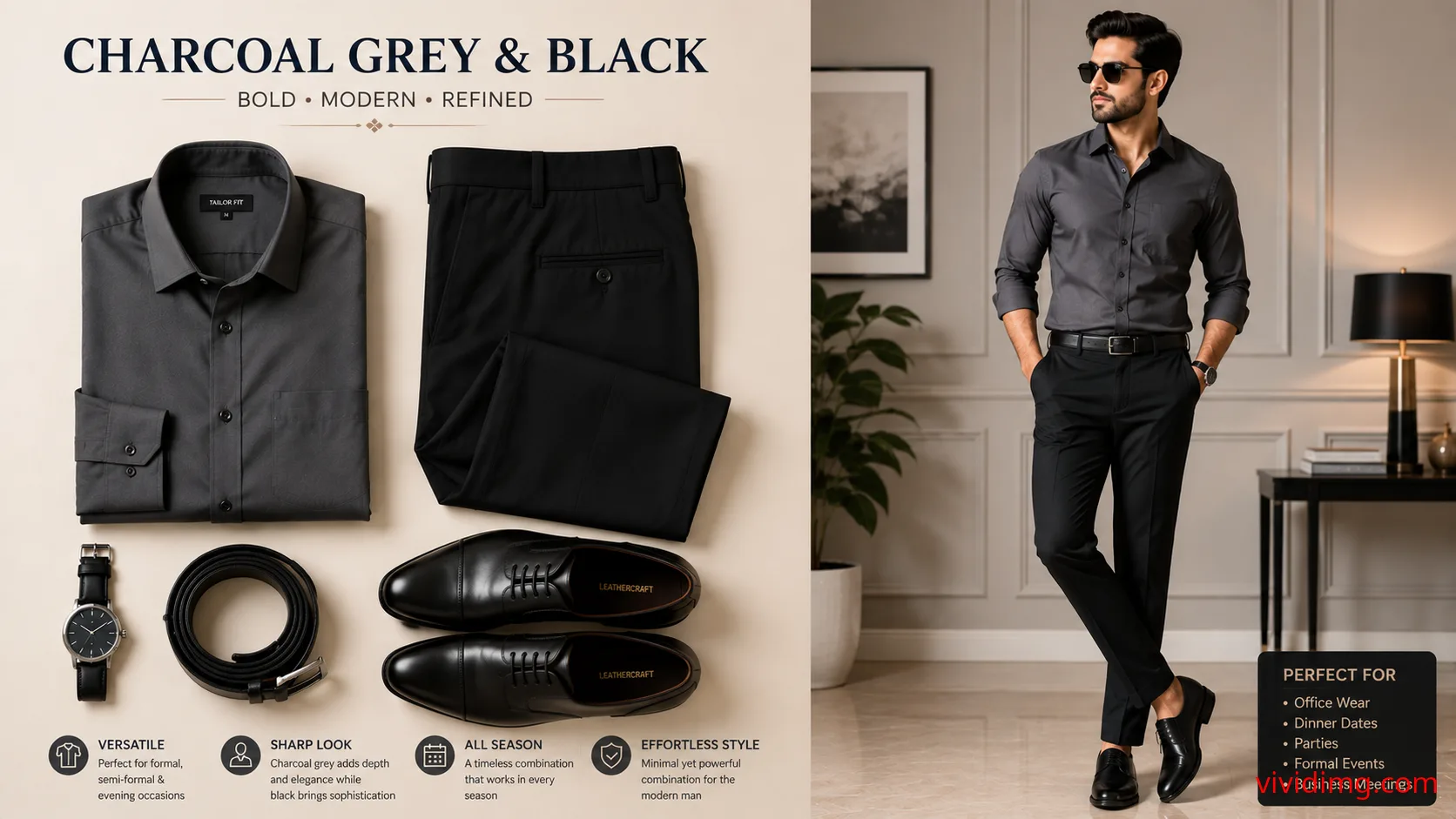 Charcoal Grey Shirt with Black Pants – Stylish Men's Formal Outfit Combination