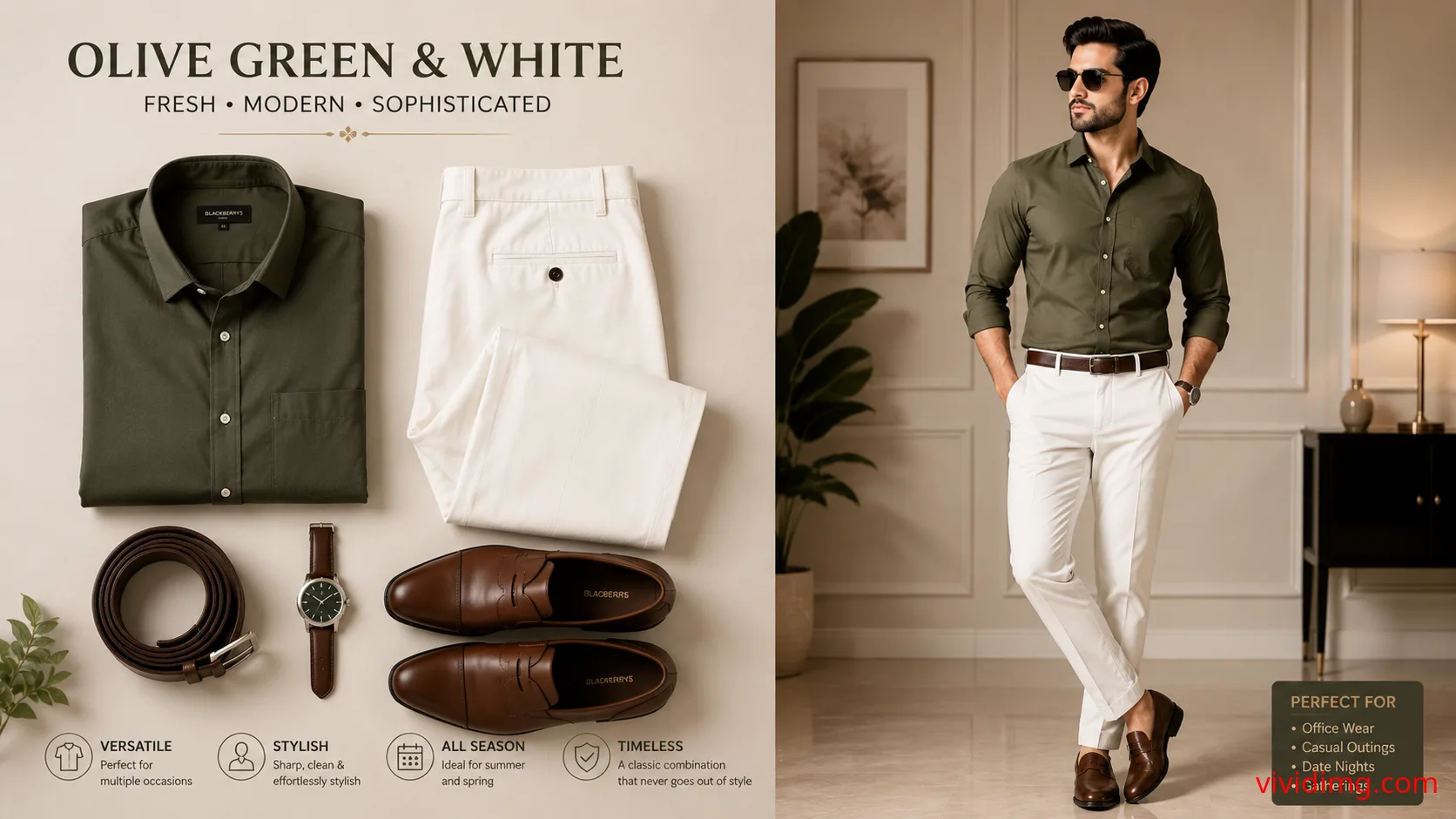 Olive Green Shirt with White Pants – Stylish Men's Outfit Combination