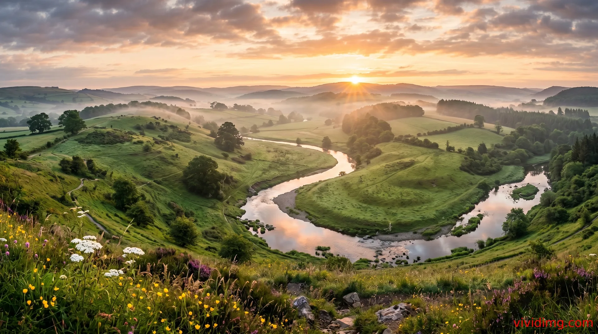 Magical sunrise over green hills and winding river in breathtaking 8K scenery