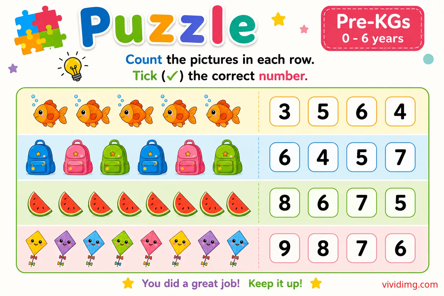 Pre-KGs tick the correct number puzzle worksheet | preschool counting activity for kids (0–6 years)