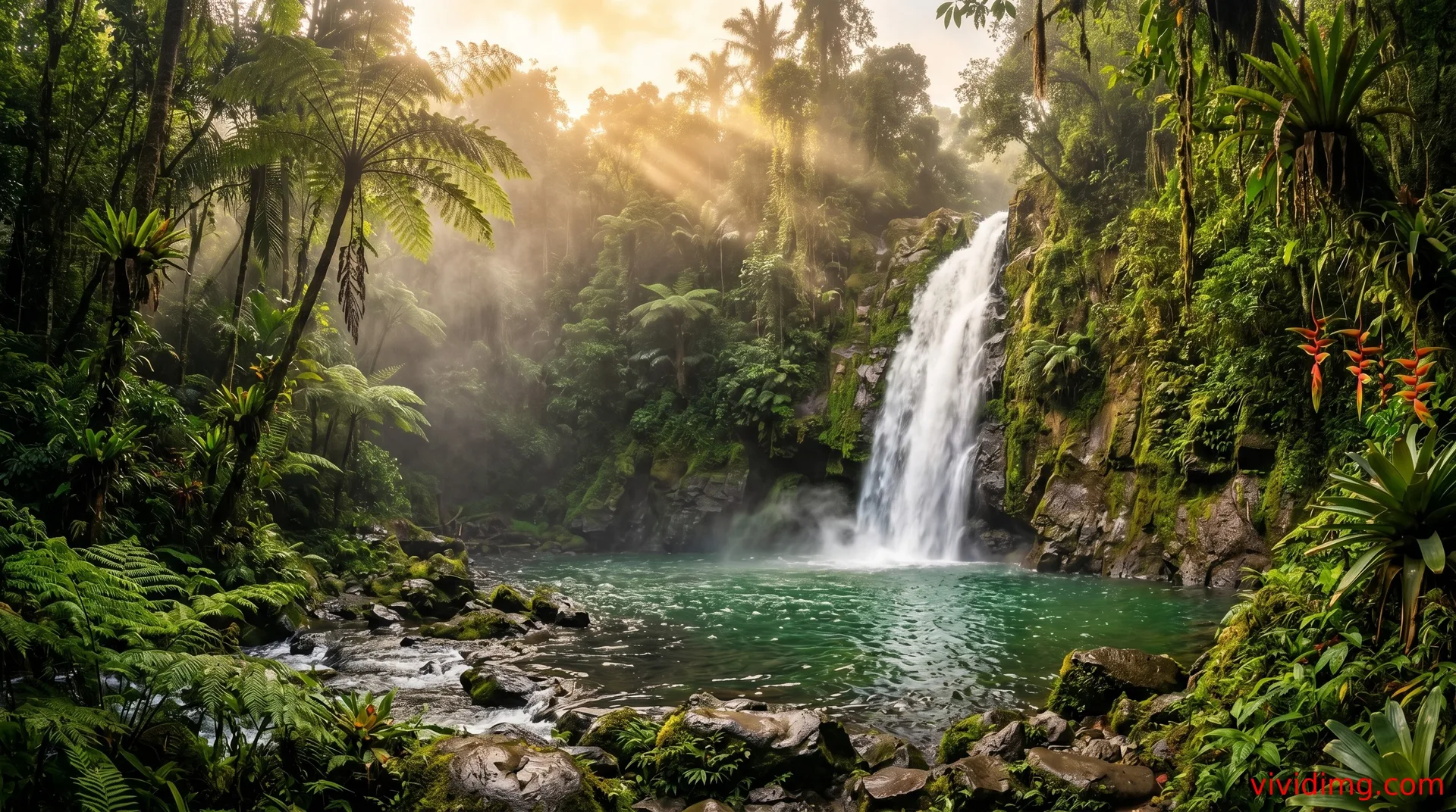 Scenic tropical waterfall glowing at sunrise in breathtaking 8K jungle wallpaper